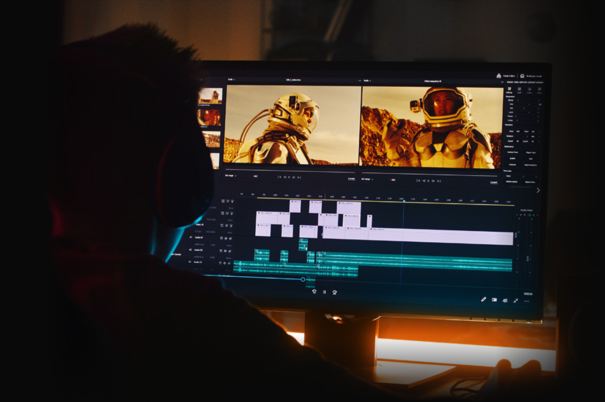 A person sits in front of a computer monitor editing a video, which shows two astronauts in spacesuits on a desert-like planet. The editing software timeline and video preview are visible on the screen.