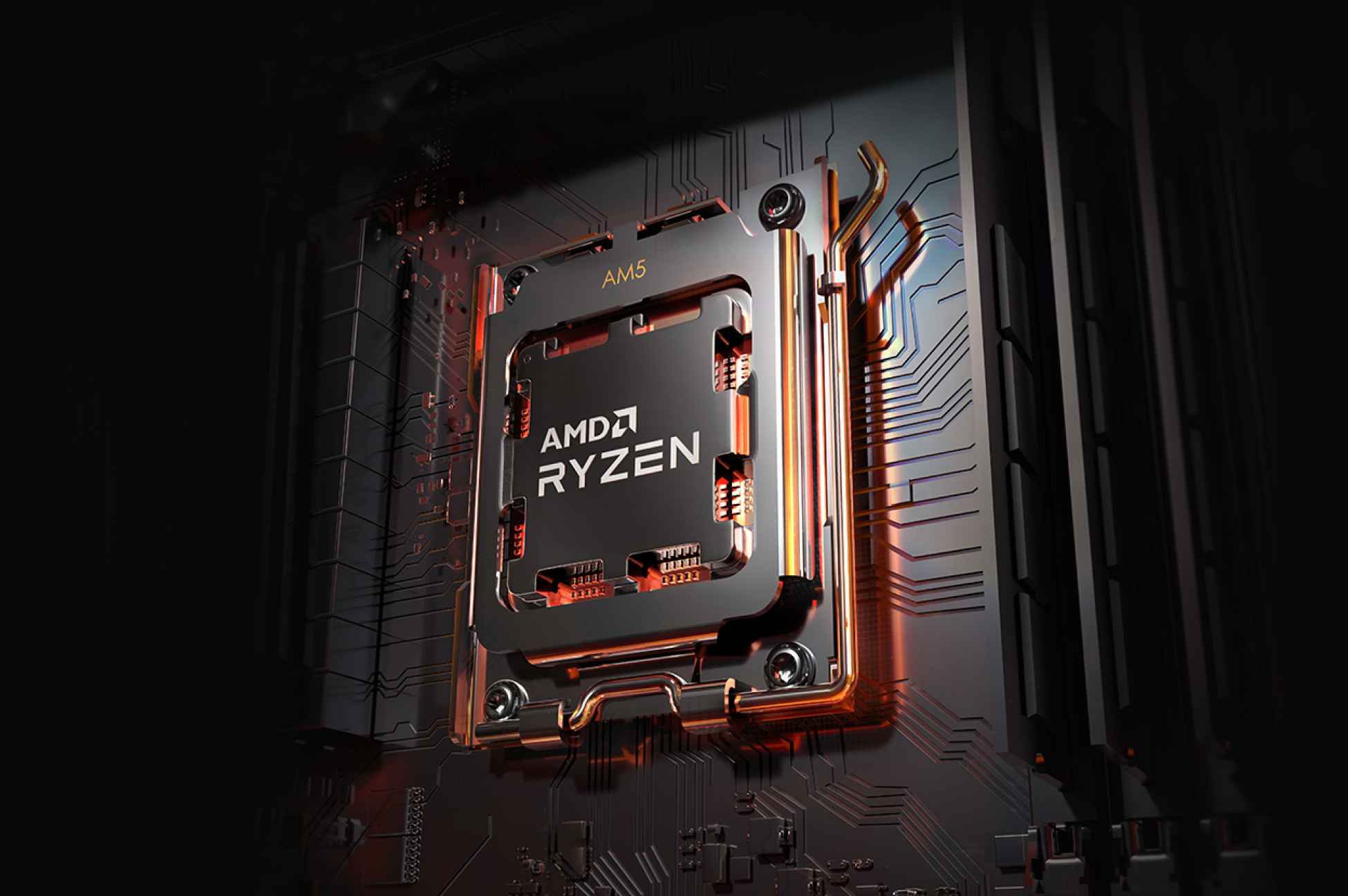 A close-up view of an AMD Ryzen processor installed in an AM5 motherboard socket, with orange lighting highlighting the metallic and circuit details on the board.
