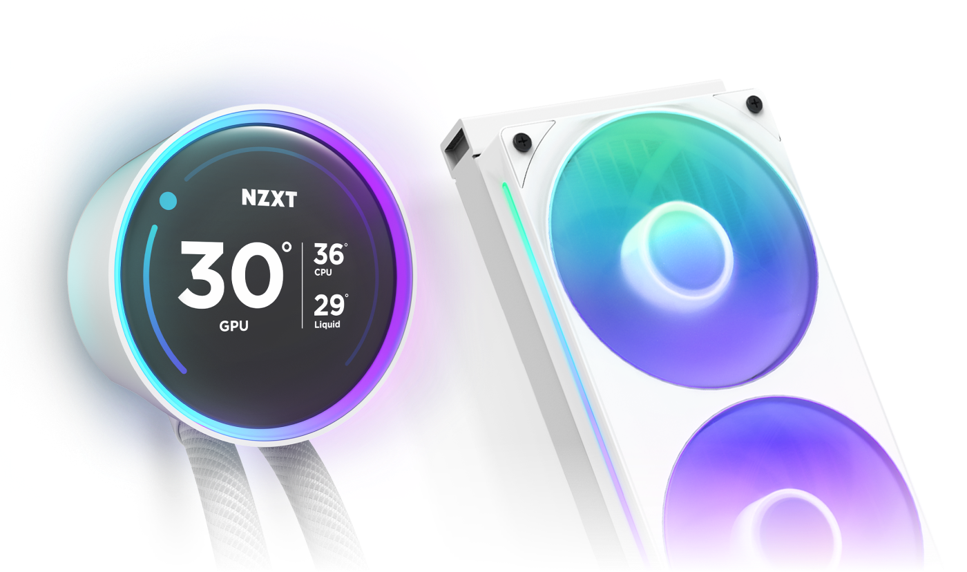 A close-up of an NZXT computer liquid cooler with a round digital display showing GPU, CPU, and liquid temperatures, alongside a white radiator with two RGB-lit cooling fans.