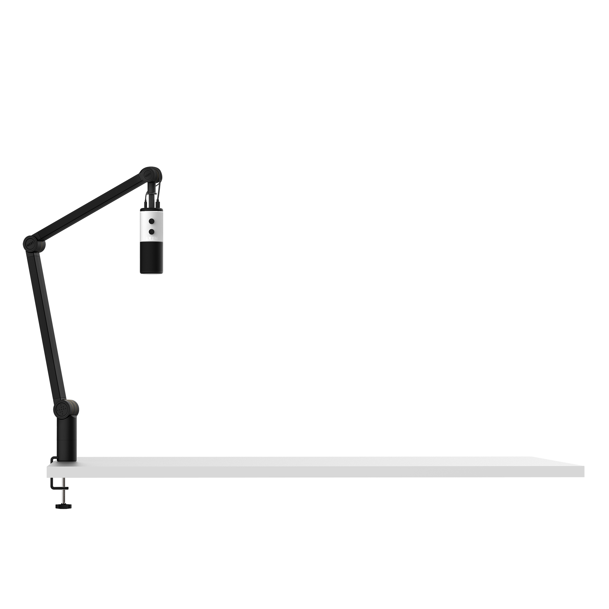The NZXT Boom Arm, in black, features smooth-moving adjustable arms that hold a microphone above a white surface. It offers hidden cable management for tidy wires and attaches securely to the desk’s left edge with a screw clamp against a white background.