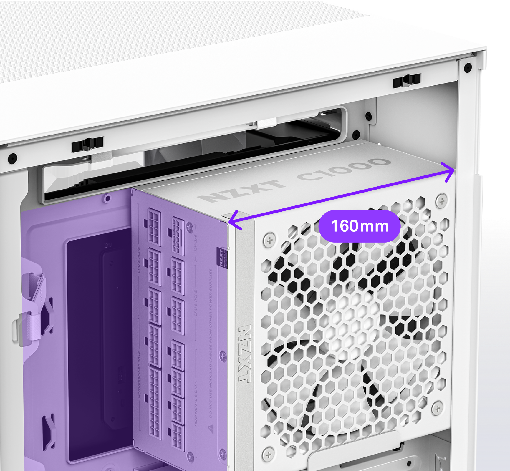 A white computer case with a NZXT C1000 power supply installed, showing a labeled measurement of 160mm in length with a purple arrow.