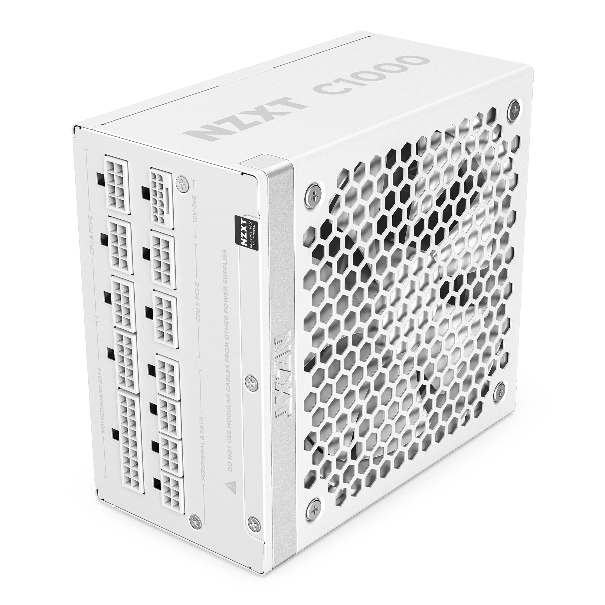 The NZXT C1000 Gold ATX 3.1 power supply, with a white finish, honeycomb ventilation grill, and modular cable ports, supports ATX 3.1 and is compatible with NVIDIA GeForce RTX 50 Series GPUs.