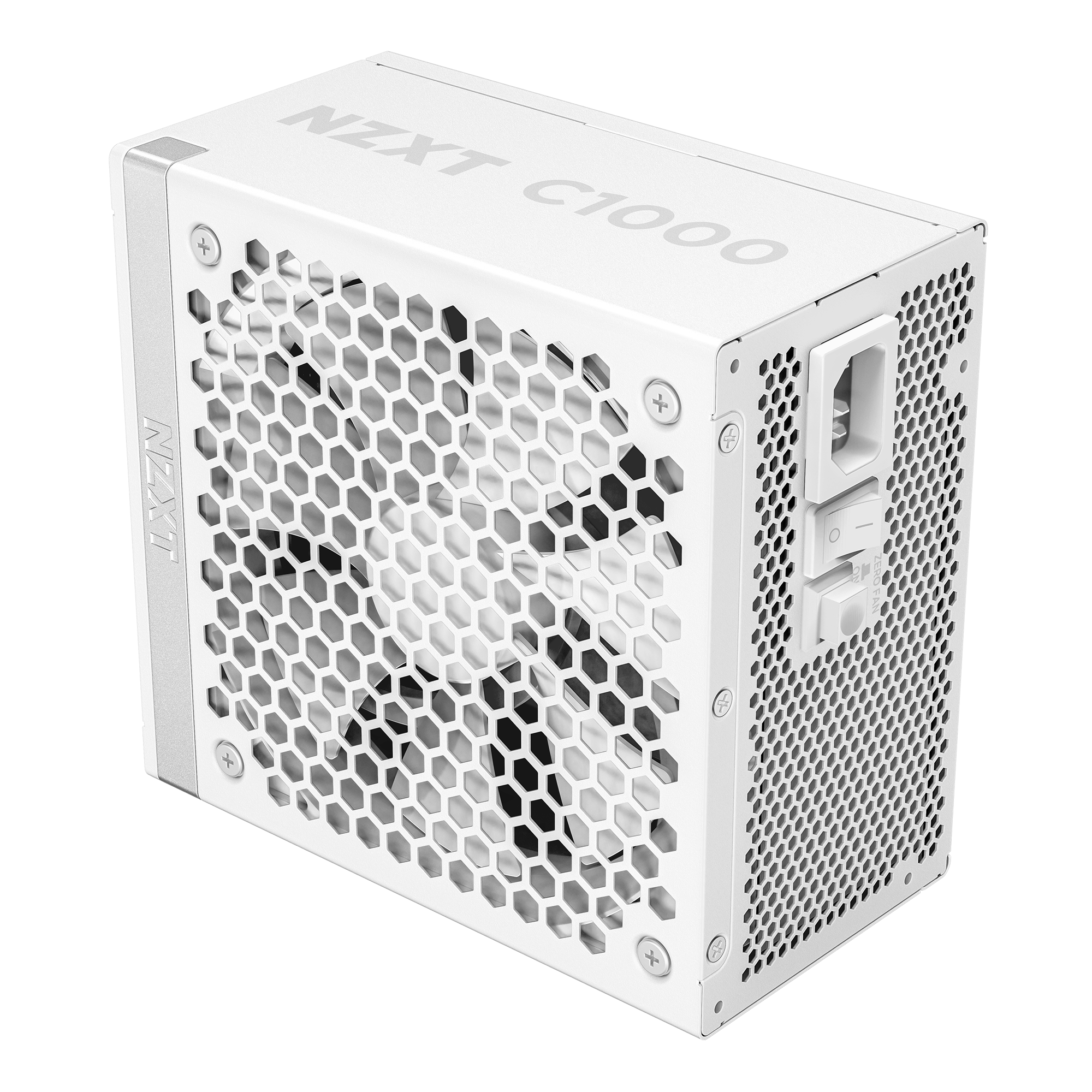 The NZXT C1000 Gold ATX 3.1, a white modular power supply from NZXT’s C Series, features a large fan grille and power switch. Displayed against a black background, it supports next-gen GPUs—ideal for building high-performance systems.