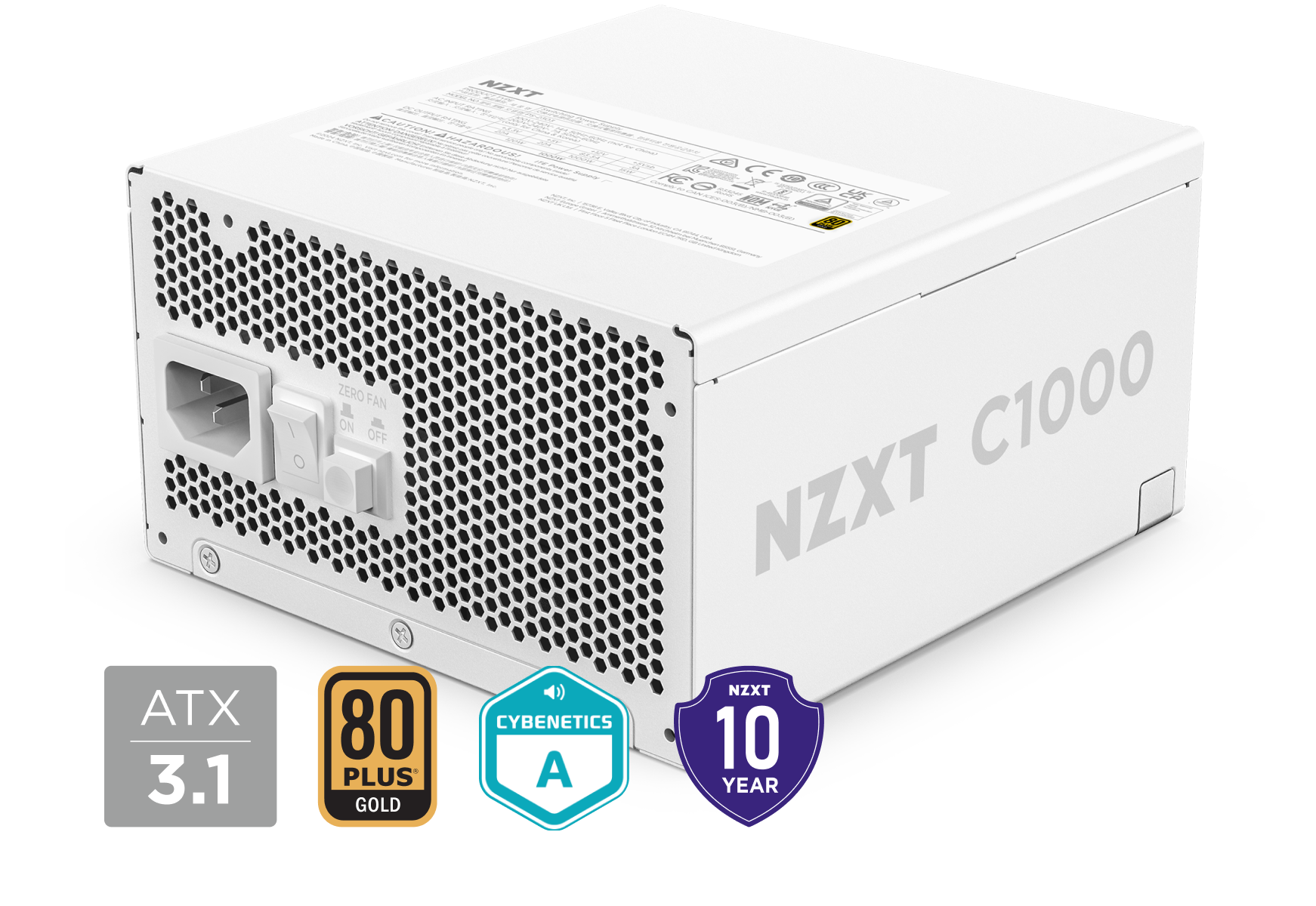 White NZXT C1000 power supply unit angled to show its vented side, power switch, and input port. Below are four badges: ATX 3.1, 80 Plus Gold, Cybenetics A, and a 10-year warranty.