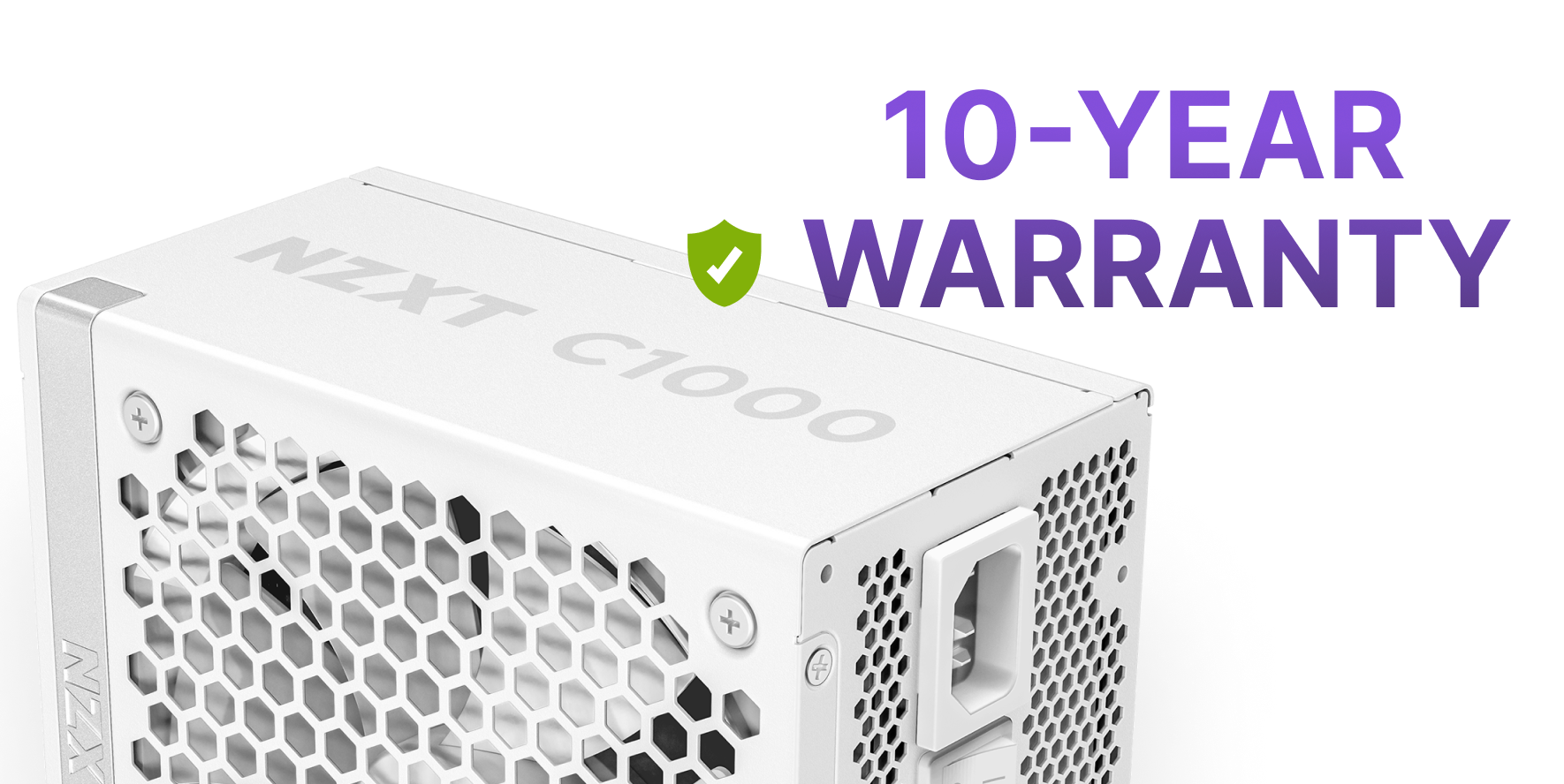 A white NZXT C1000 power supply unit with a honeycomb vent design is shown. Next to it, bold purple text reads 10-YEAR WARRANTY with a green shield and checkmark icon.