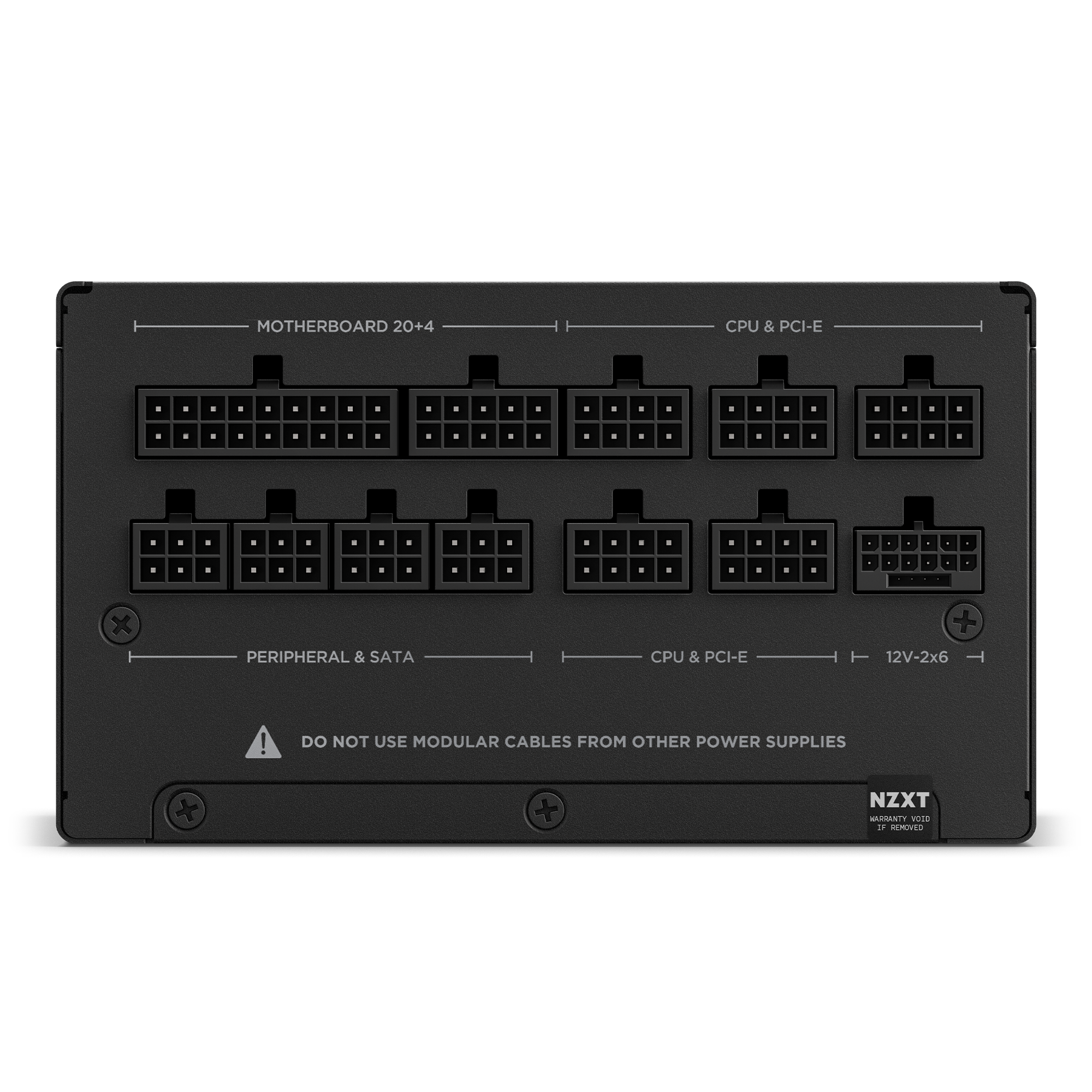The NZXT C1000 Gold ATX 3.1 PSU is black and features clearly labeled modular ports for motherboard, CPU, PCI-E, peripheral, and SATA connections—ideal for builds with the latest NVIDIA GeForce RTX 50 Series. Use only the supplied cables.