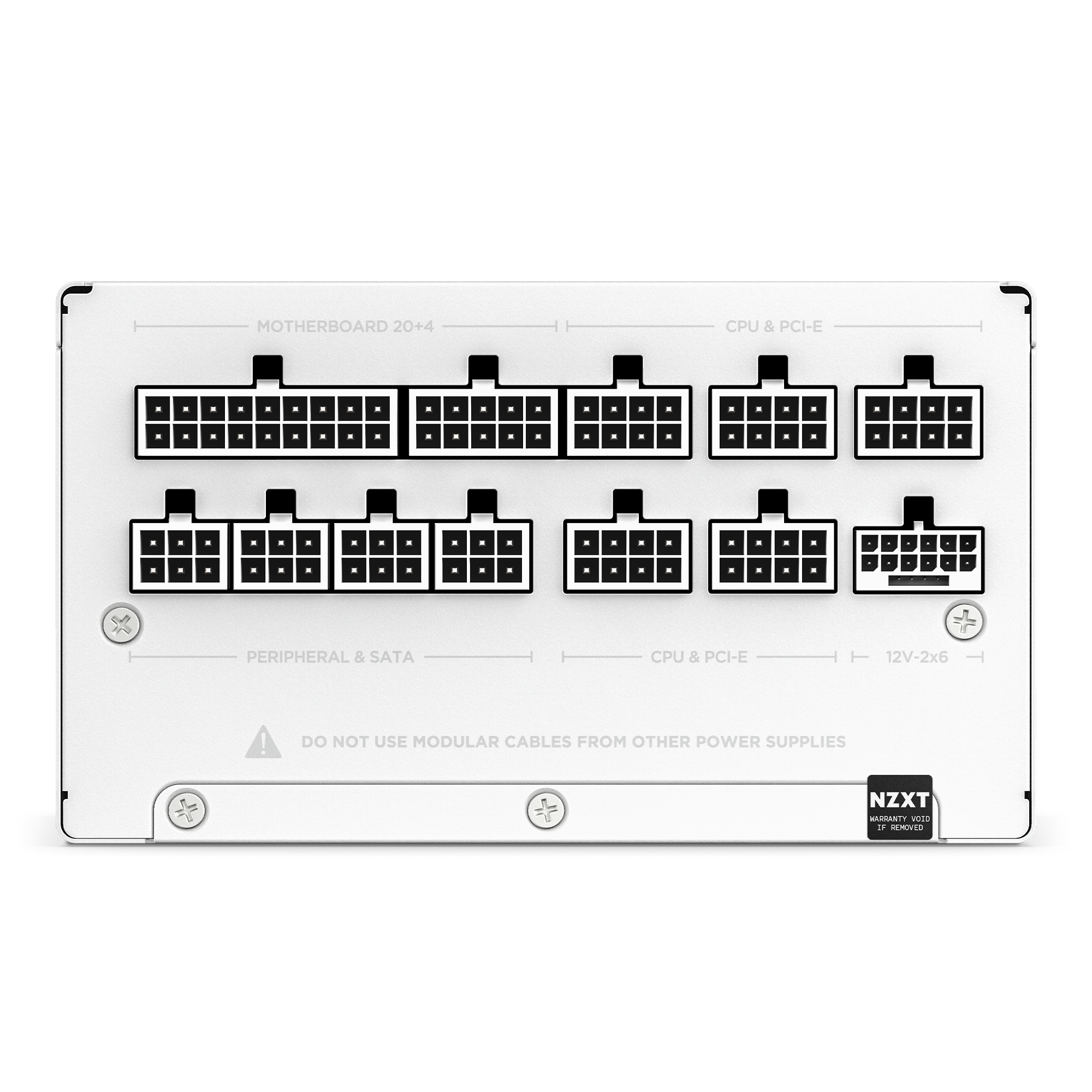 The NZXT C1000 Gold ATX 3.1 PSU features labeled modular ports for motherboard, CPU/PCI-E, peripheral/SATA, and 12V; includes warning text and prominent NZXT branding—perfect for NVIDIA GeForce RTX 50 Series builds.