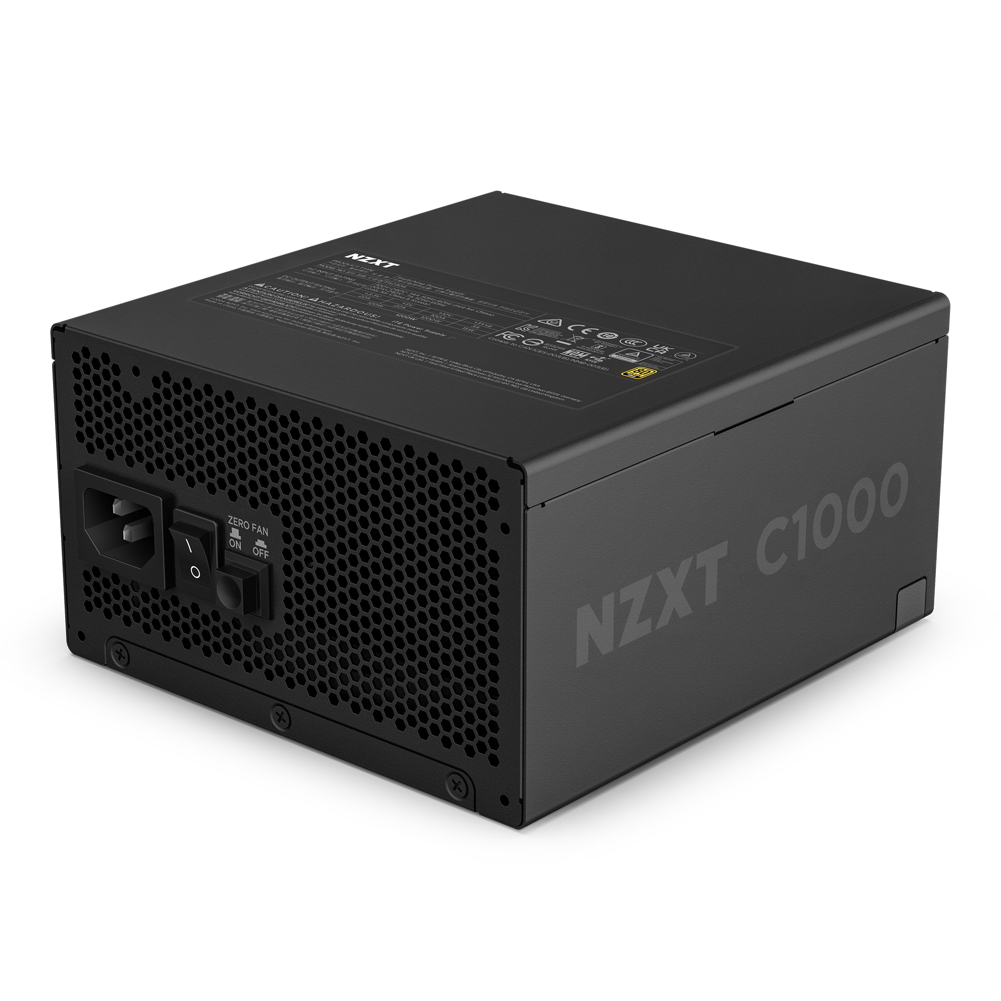 The NZXT C1000 Gold ATX 3.1 power supply from the C Series Gold lineup is shown in black against a dark background, featuring ventilation holes, a power switch, a power socket, and NZXT branding on its side.