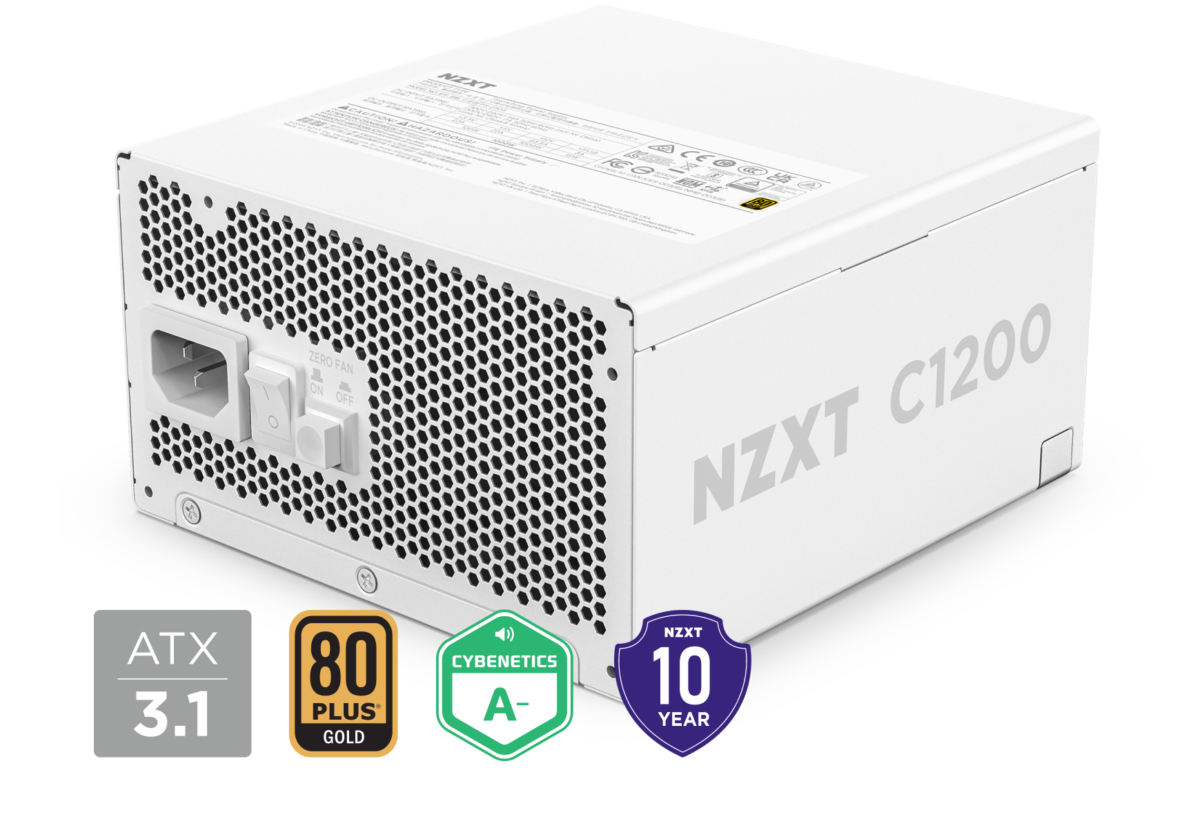 A white NZXT C1200 computer power supply unit is shown with ATX 3.1, 80 Plus Gold, Cybenetics A-, and 10-year warranty badges displayed below it.