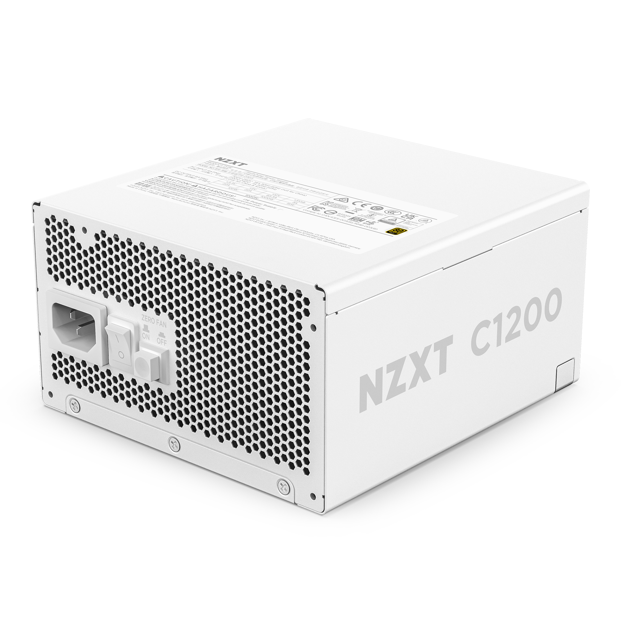 The NZXT C1200 Gold ATX 3.1 power supply unit features a perforated side panel, power switch, socket, and visible branding, displayed against a plain black background.