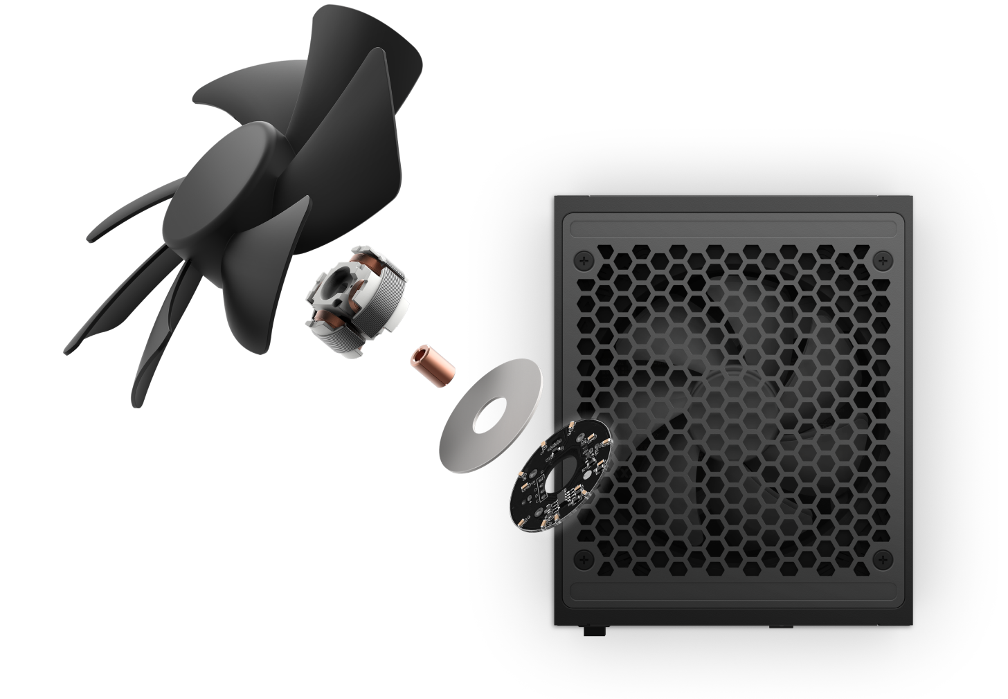 An exploded view of a computer power supply cooling fan, showing its individual components including fan blades, motor, copper coil, circular circuit board, and the main power supply unit with a honeycomb vent.