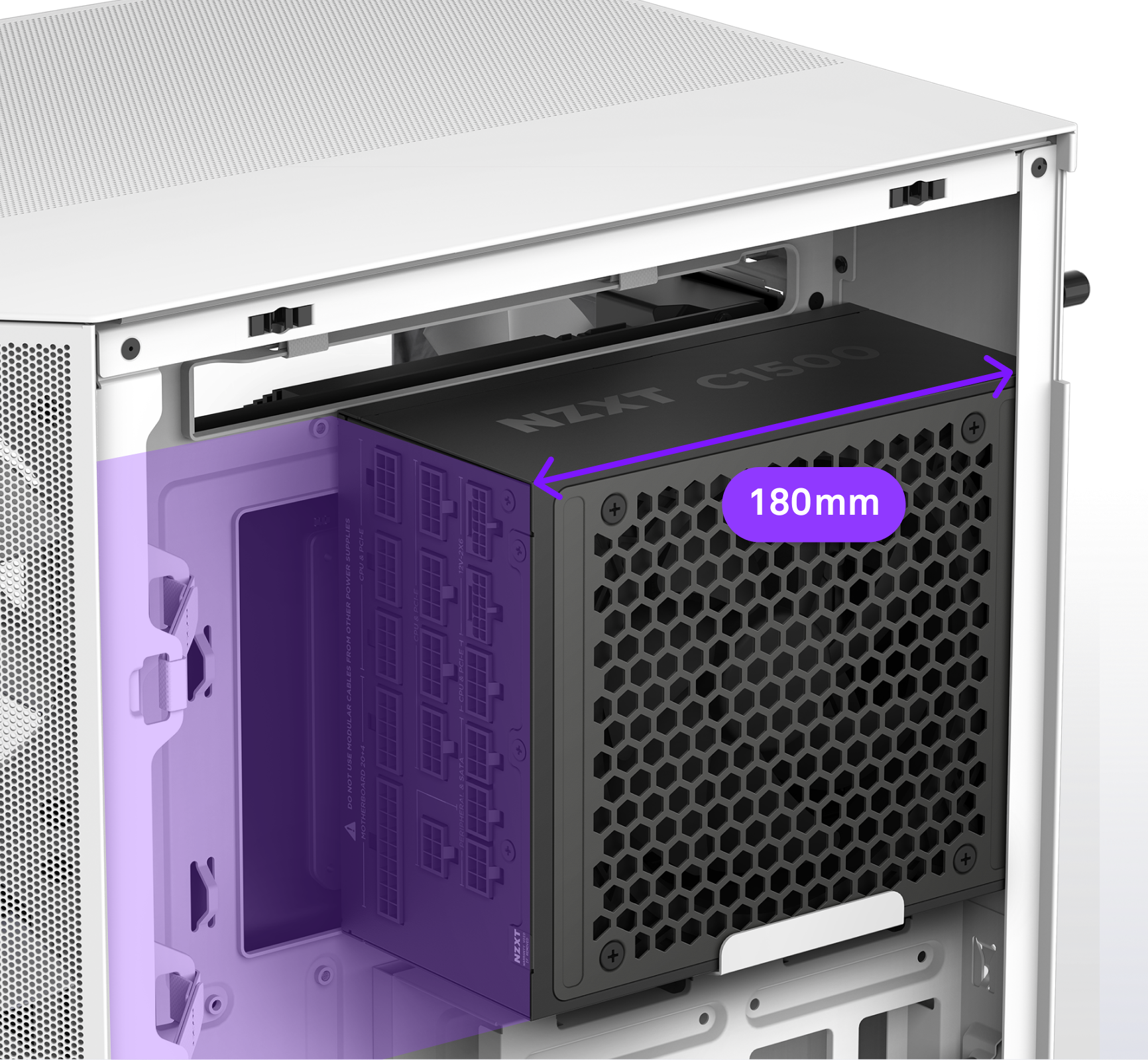 A close-up of a white computer case showing an NZXT C1000 power supply installed, with a purple overlay and a labeled arrow indicating its length as 180mm.