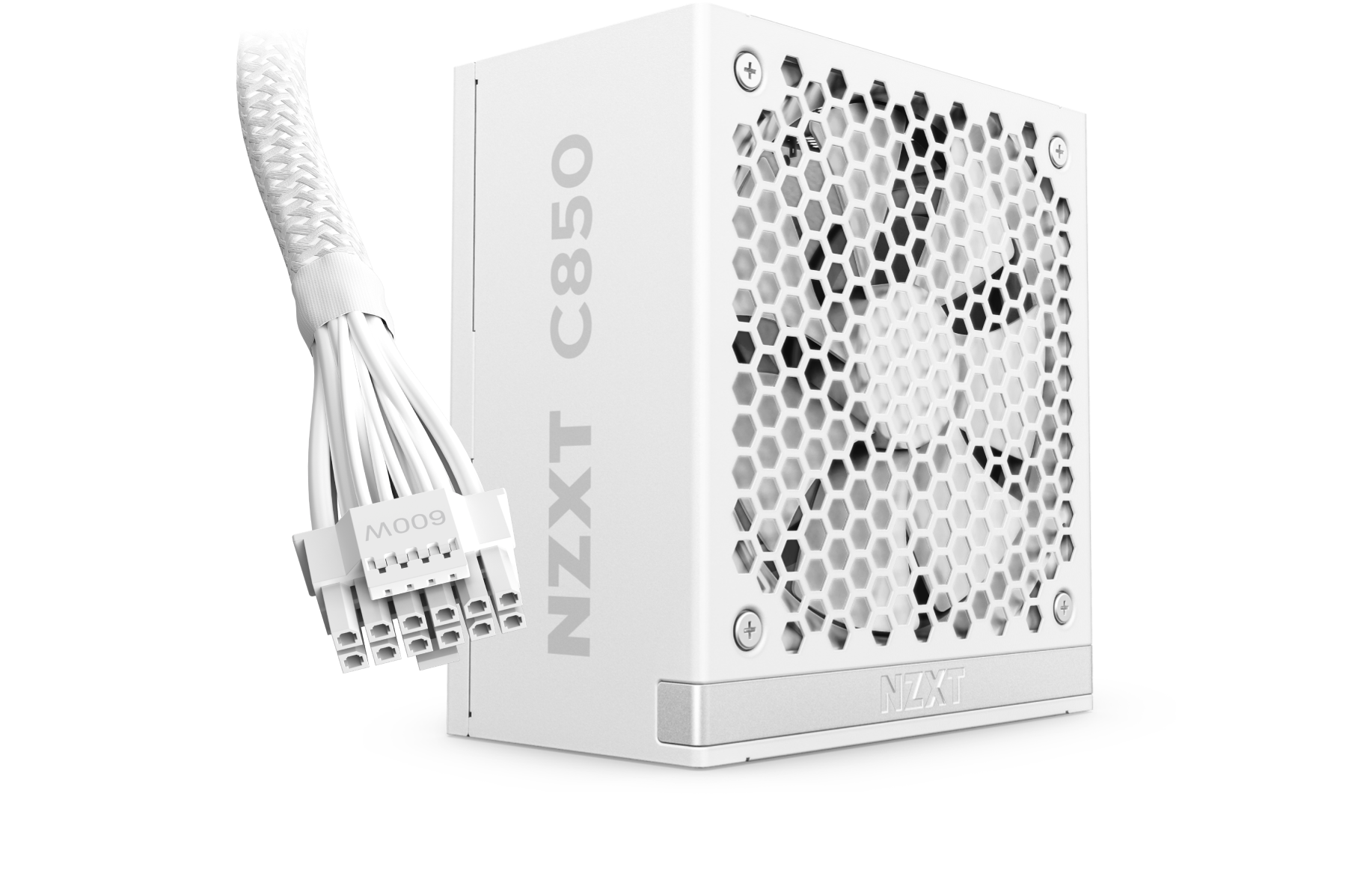 A white NZXT C850 power supply unit with a large cooling fan and honeycomb grille, shown alongside a braided white power cable and connector.
