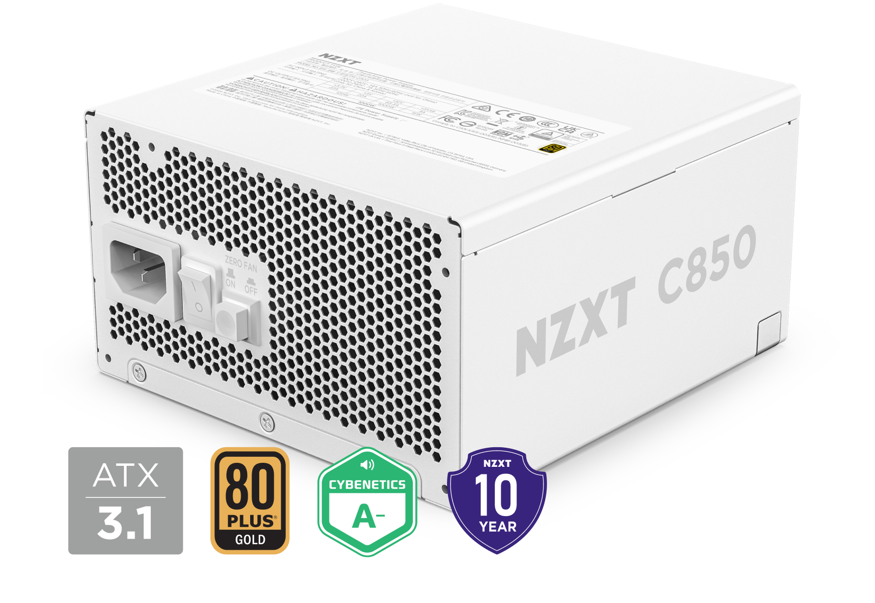 A white NZXT C850 power supply unit with ventilation holes, power switch, and power socket. Below are icons for ATX 3.1, 80 Plus Gold, Cybenetics A-, and a 10-year warranty.