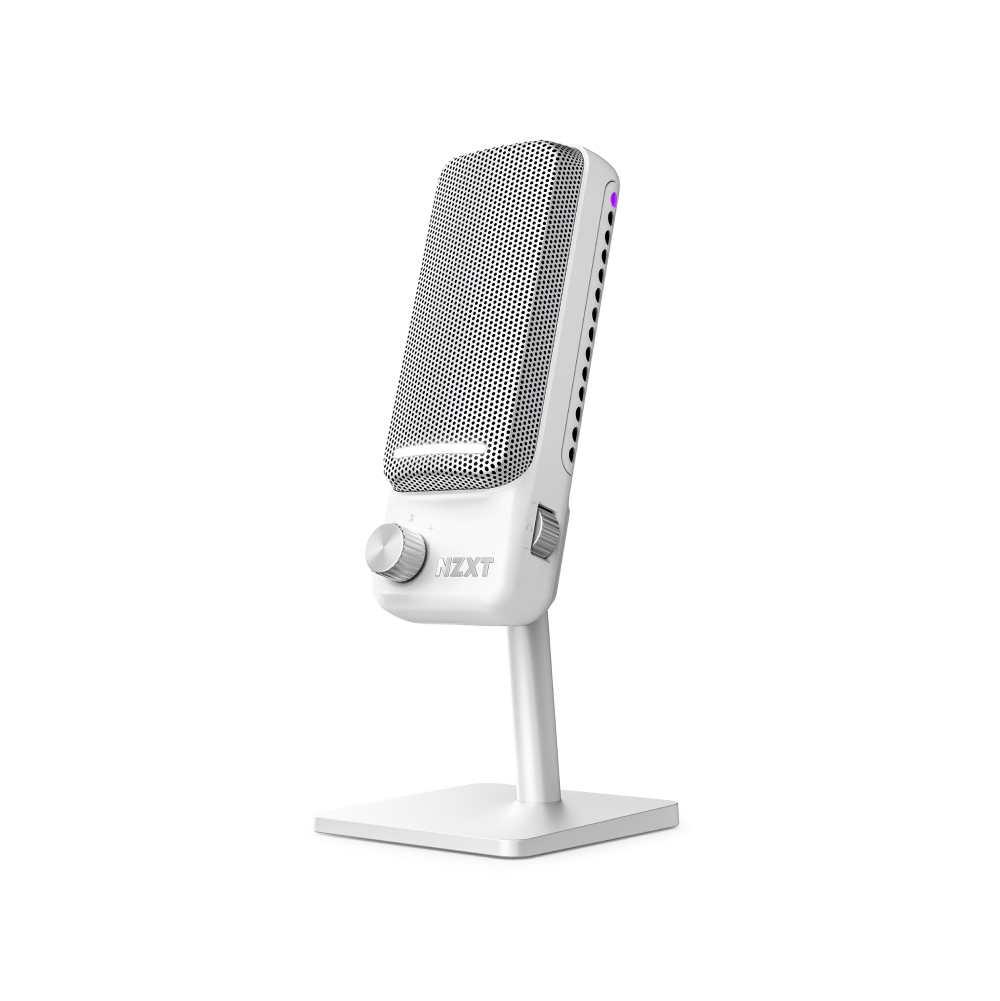 The NZXT Capsule Elite is a white desktop microphone featuring a mesh grille, control knob, side buttons, and a square base with a slim stand for customizable sound.