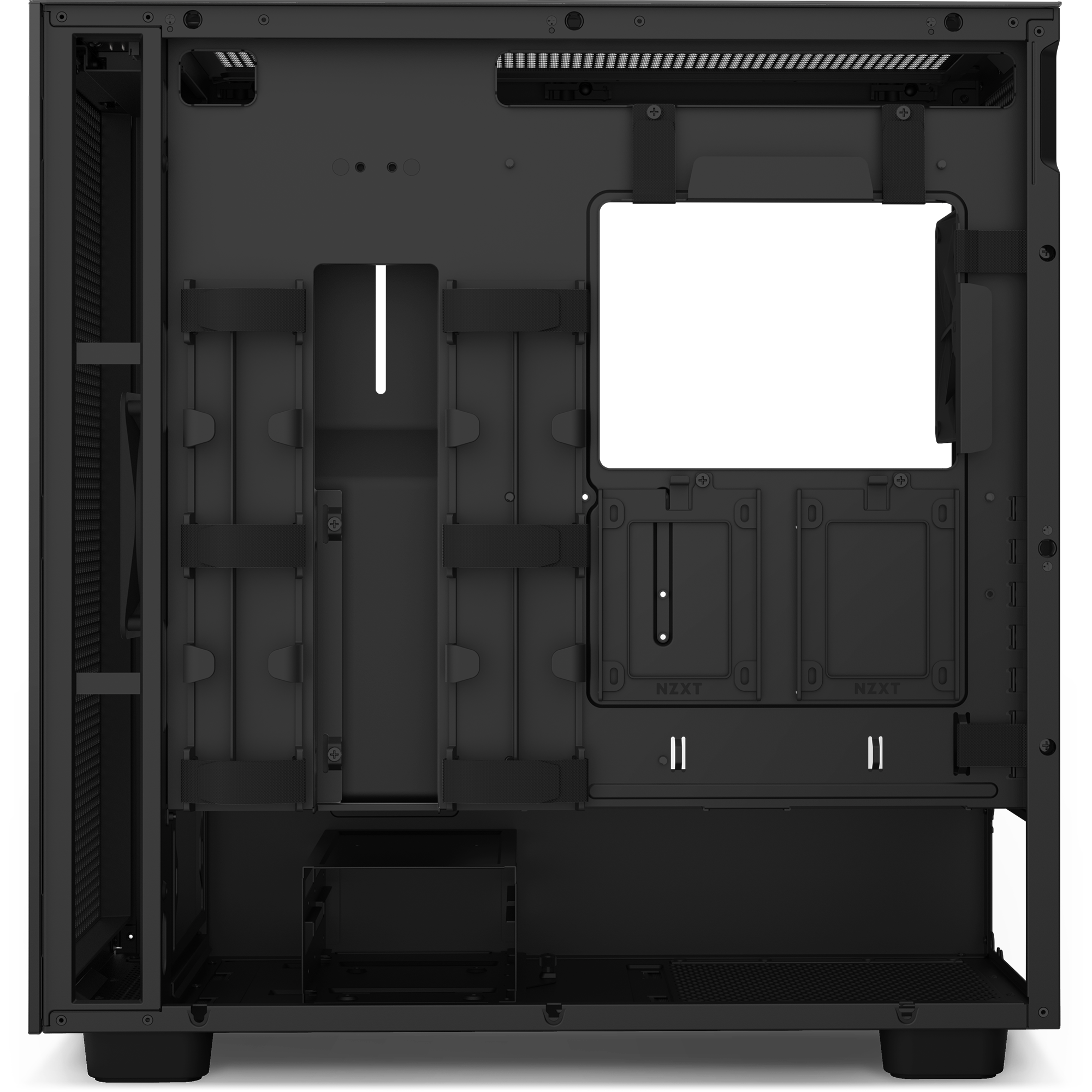 The NZXT H7 Flow (2022) is a black mid-tower case with an open side panel, efficient cable management, and mounts for motherboard, PSU, and drives. Internal compartments are visible; no components are installed.
