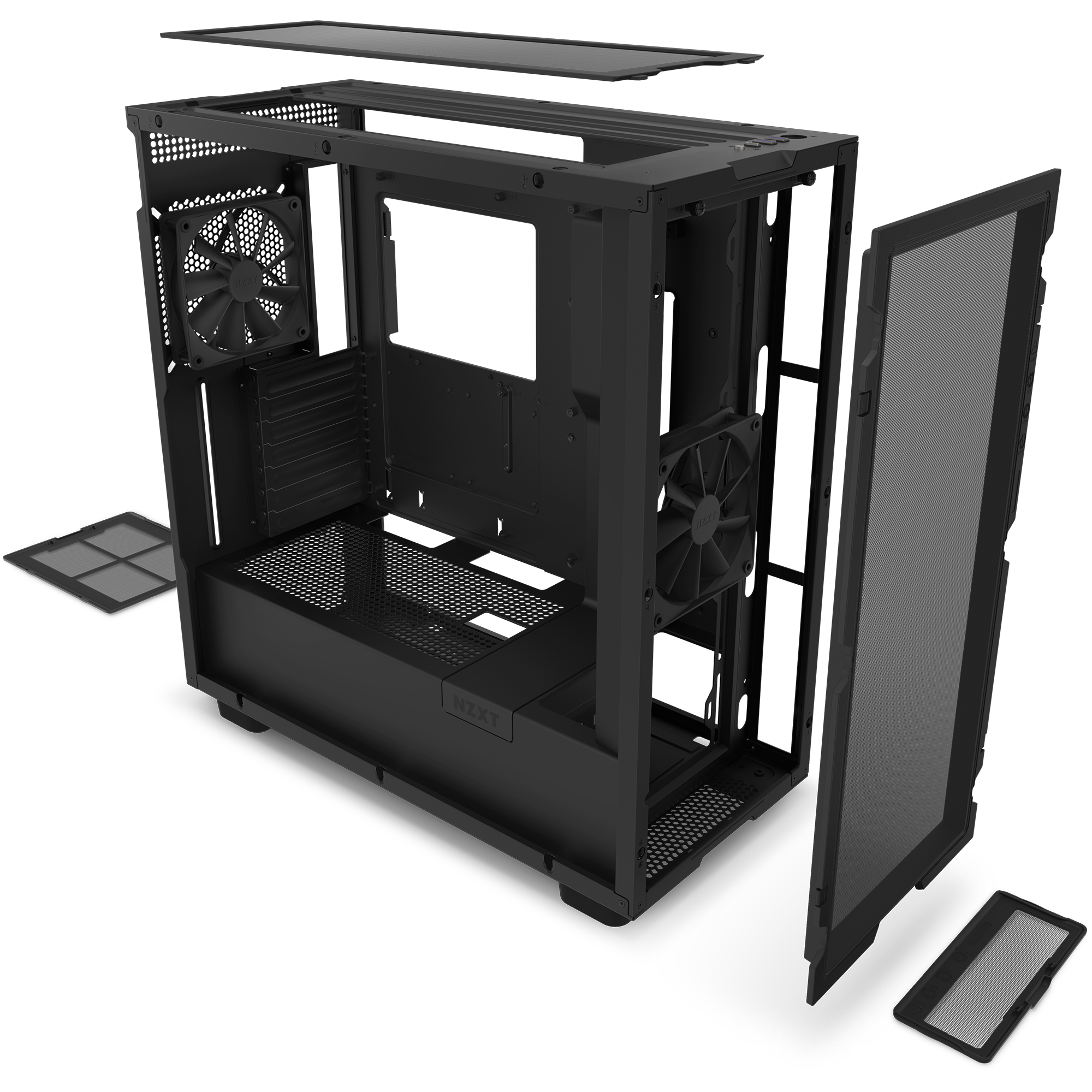 The NZXT H7 Flow (2022) black mid-tower case is displayed with panels, filters, and front door removed to showcase its interior slots, fans, cable management system, and spacious compartments for components and airflow.