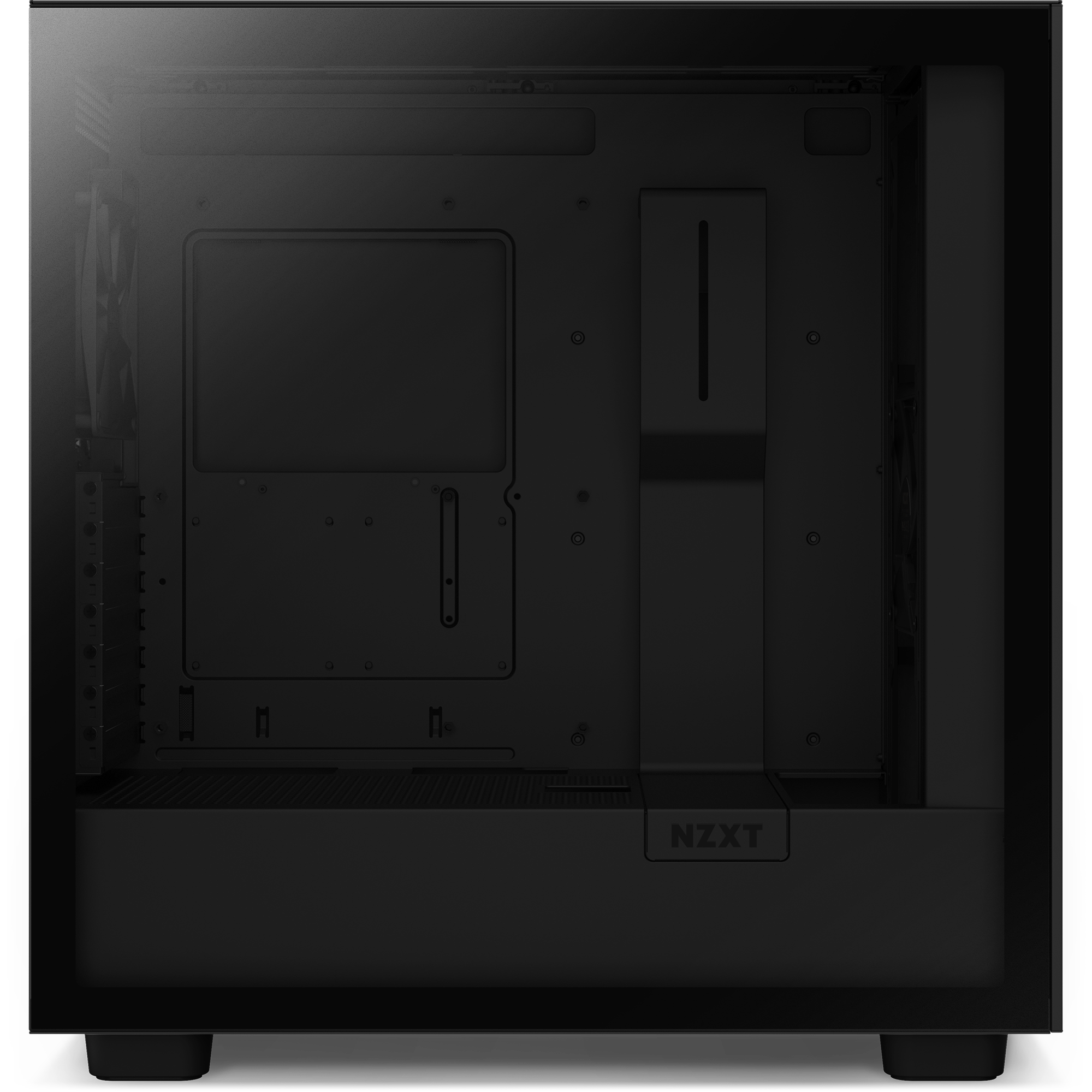 The NZXT Refurbished Player Two Prime - #8501 is a black computer case with a transparent side panel, empty interior, cable management bar, and rear fan—perfect for prebuilt or refurbished gaming PCs. Includes warranty for peace of mind.