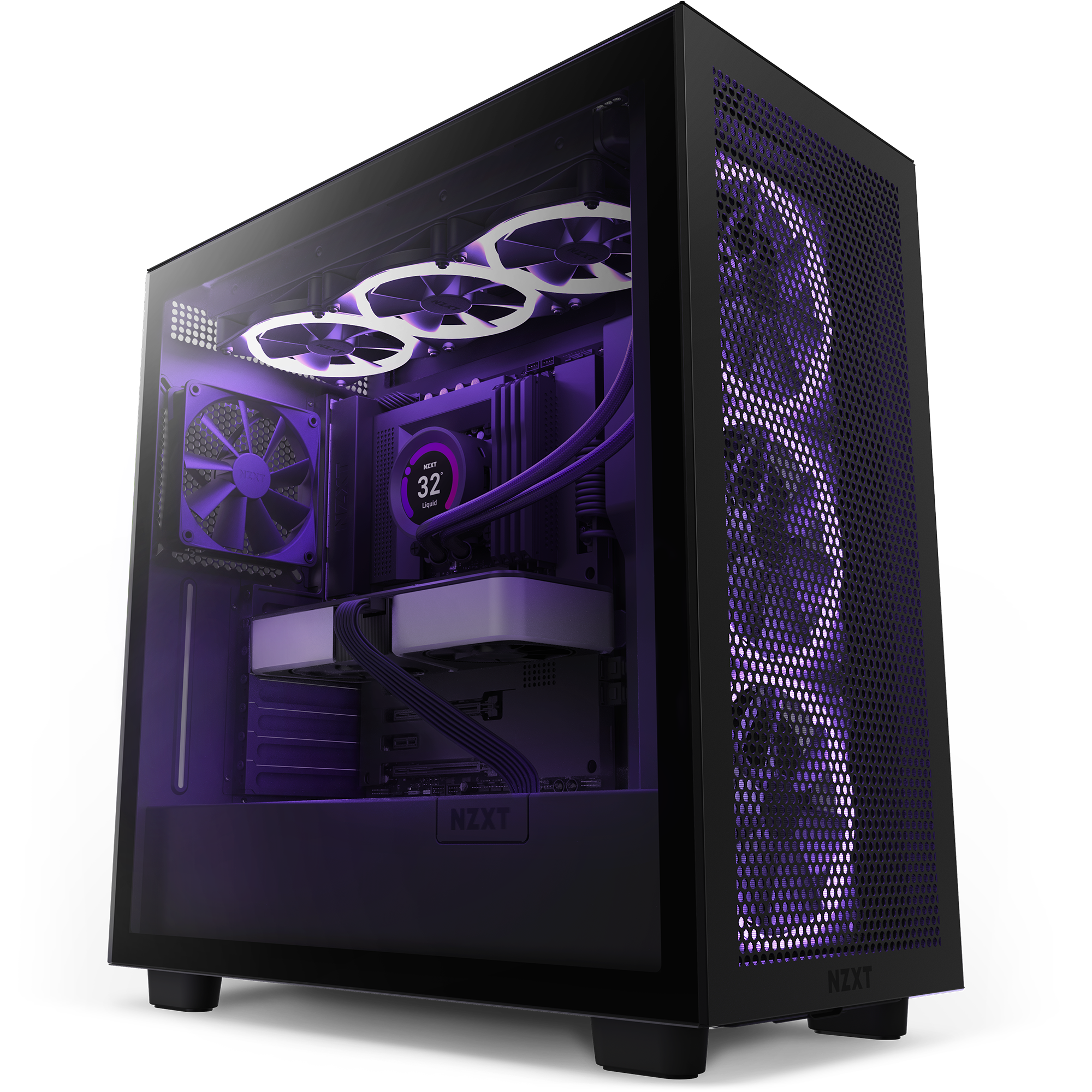 The NZXT H7 Flow (2022) is a black mid-tower case with a transparent side panel, revealing purple LED-lit components, liquid cooling tubes, multiple fans, and a digital temperature display—engineered for top-tier cooling and cable management.