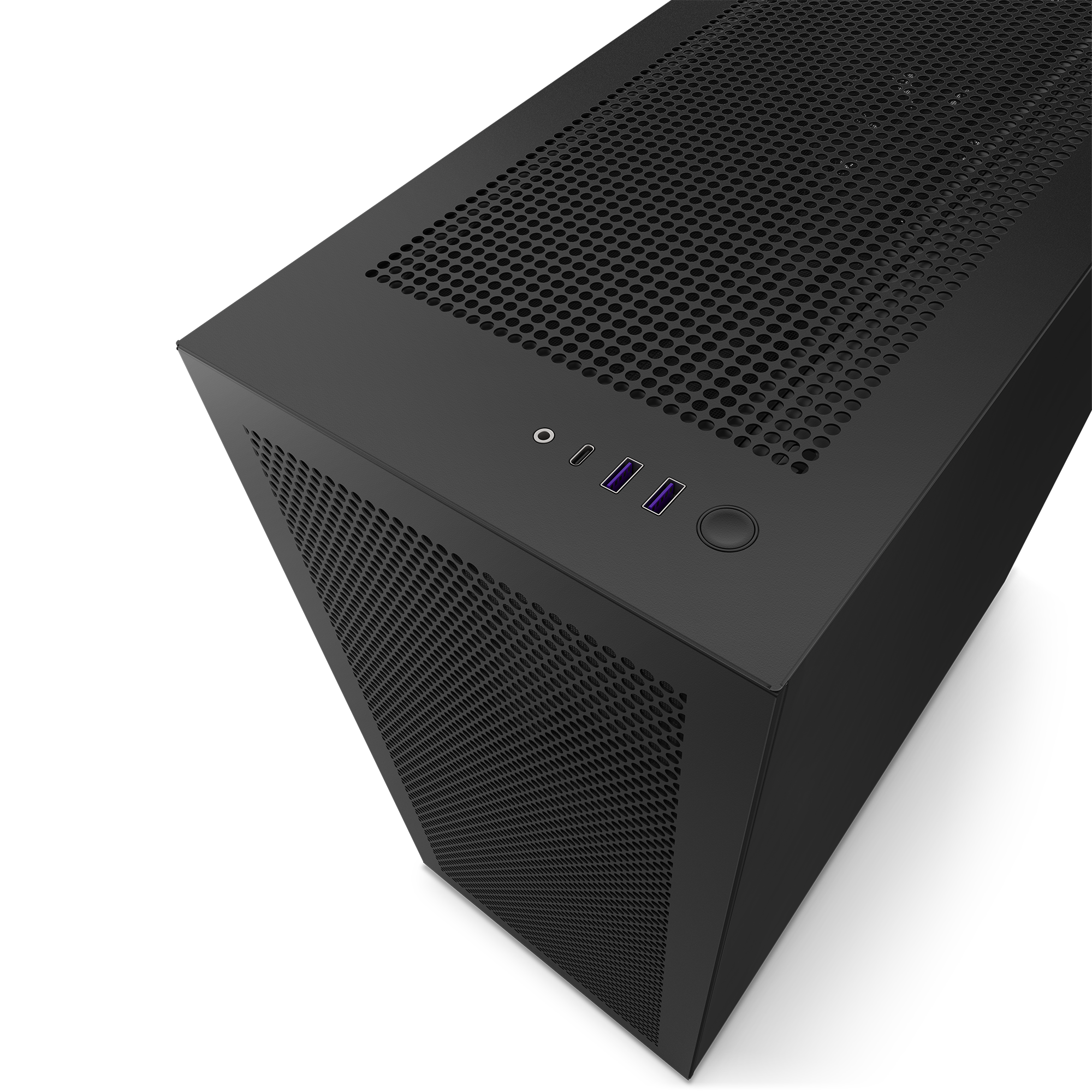 The NZXT H7 Flow (2022) black mid-tower case features a mesh top panel, three USB ports, a circular power button, a small reset button, and a headphone jack, shown here from an angled top view.