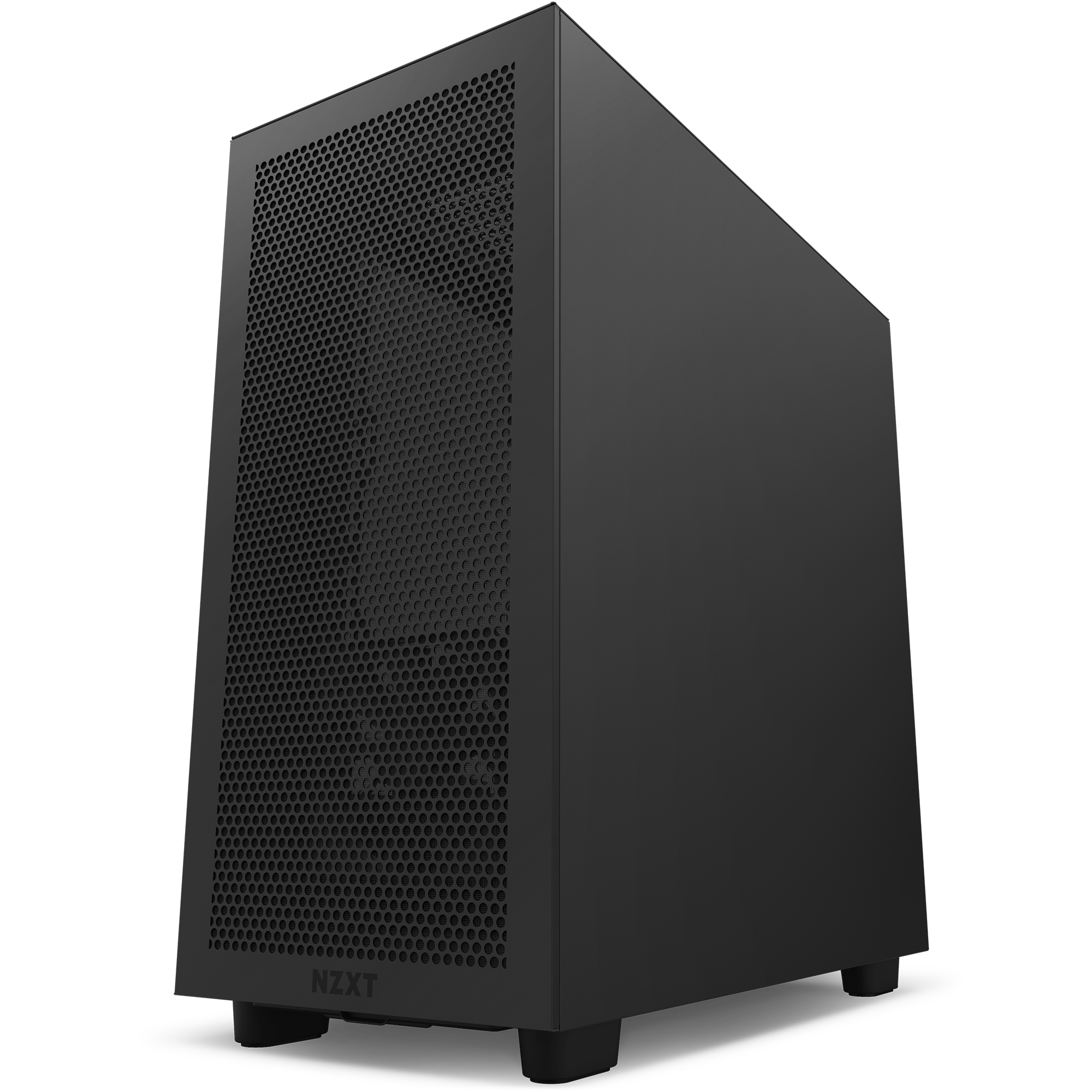 The NZXT H7 Flow (2022) is a black mid-tower case with a mesh front panel and minimalist design, shown from a low angle on a white background, highlighting its excellent thermal performance.