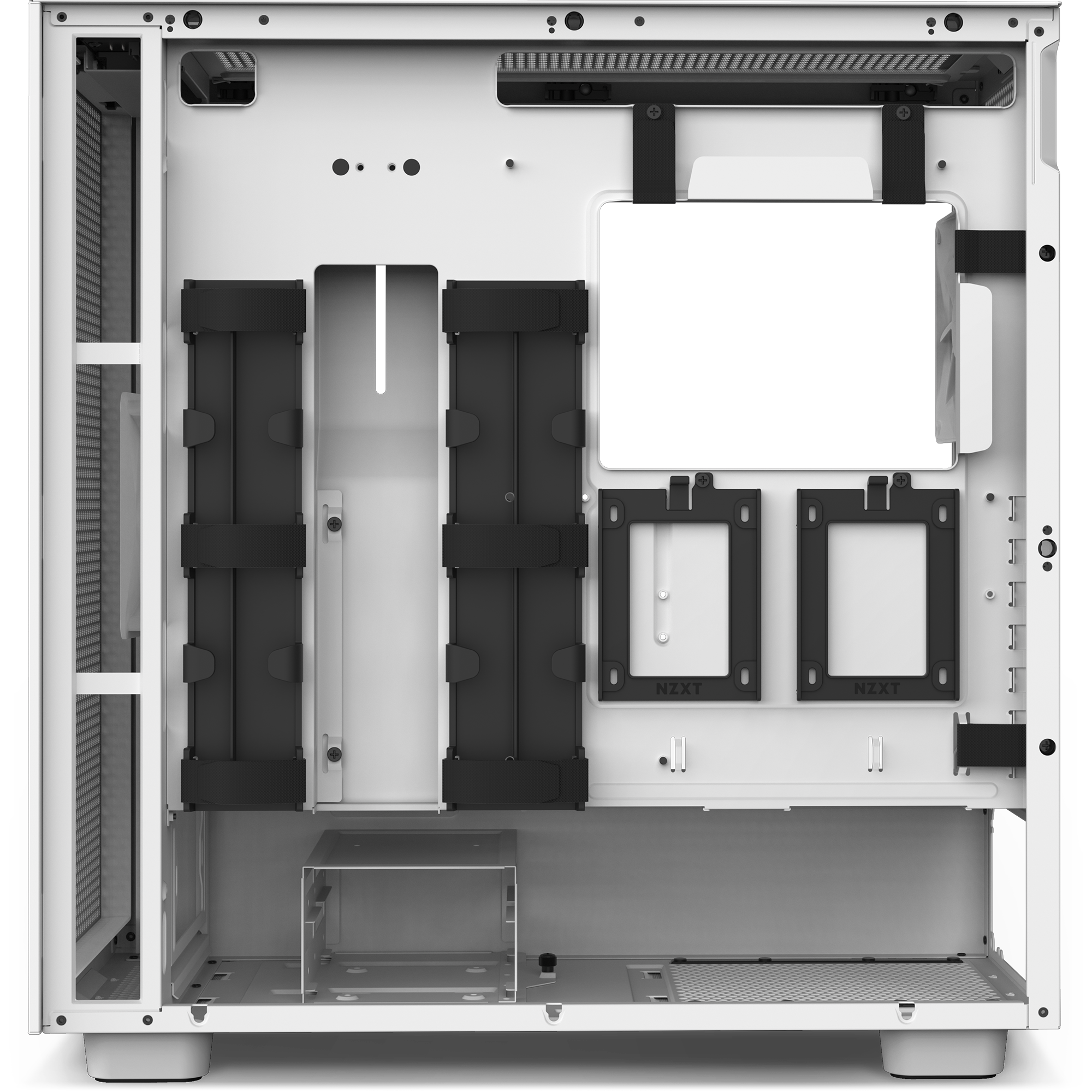 The NZXT H7 Flow (2022) is a white mid-tower chassis with black cable management brackets, two SSD mounts, an open interior, visible fan slots, airflow panels, and a cable management system to enhance thermal performance.