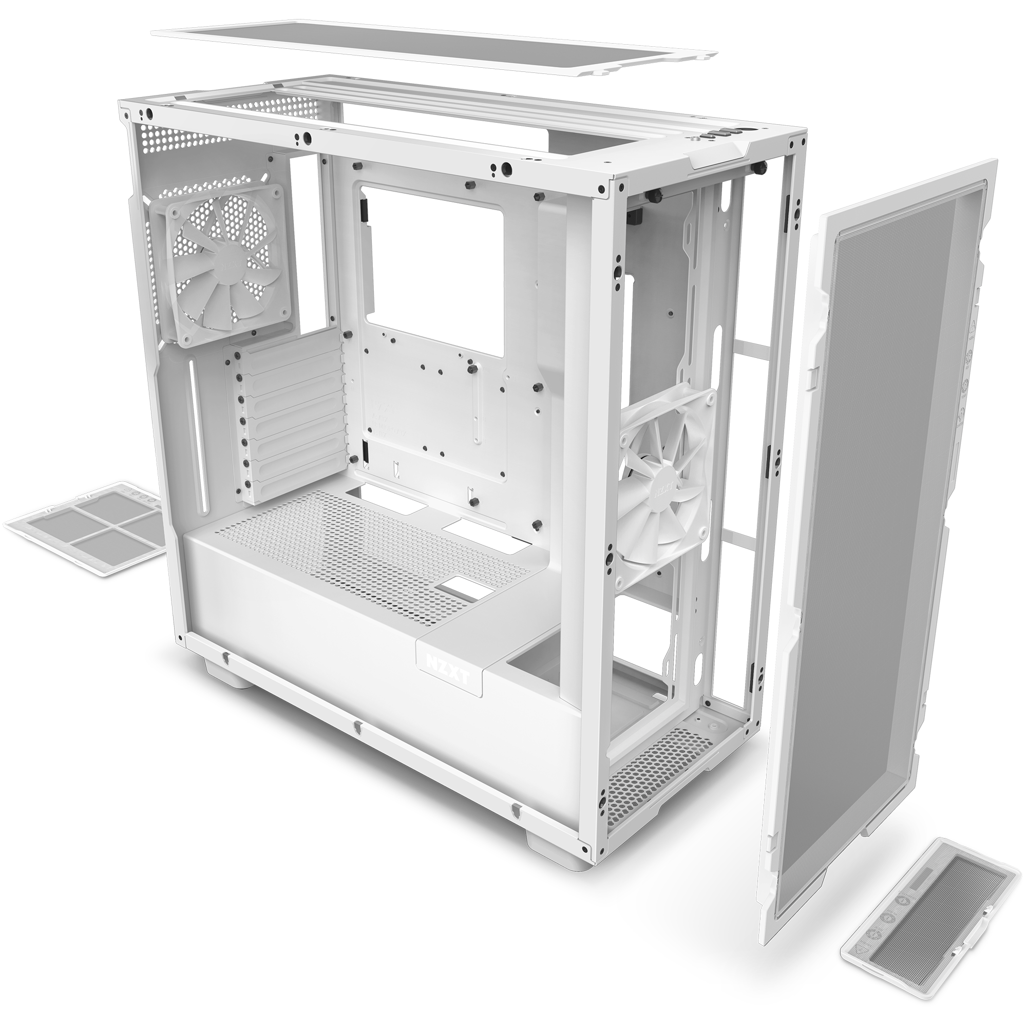 The NZXT H7 Flow (2022) mid-tower case is shown in white with its panels and dust filters removed, highlighting internal mounting slots, fan areas, ventilation grilles, and a well-designed cable management system.