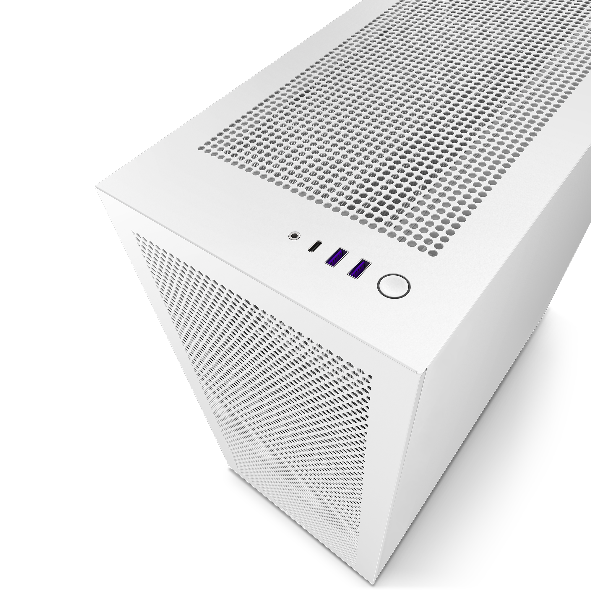 The NZXT H7 Flow (2022) is a white mid-tower case with perforated panels for better airflow, featuring power/reset buttons, two USB ports, and a headphone jack on the angled front top panel.