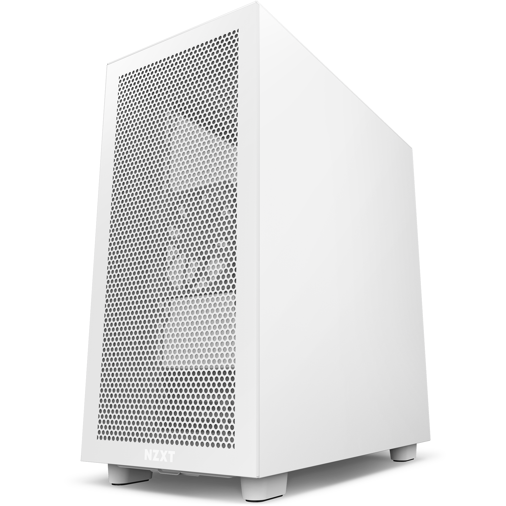 The NZXT H7 Flow (2022) is a white mid-tower case with a large mesh front panel for airflow, standing on four feet and photographed from a low front angle, offering excellent thermal performance and easy cable management.