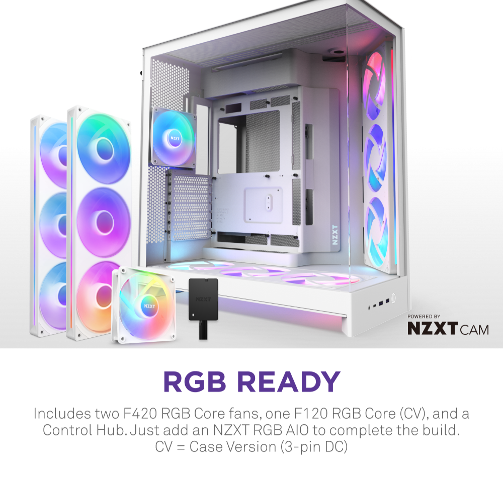 The NZXT H9 Flow RGB+ is a white mid-tower PC case with optimized airflow, “RGB Ready” branding, RGB fans displaying pastel colors (three front, one rear), and includes a control hub.
