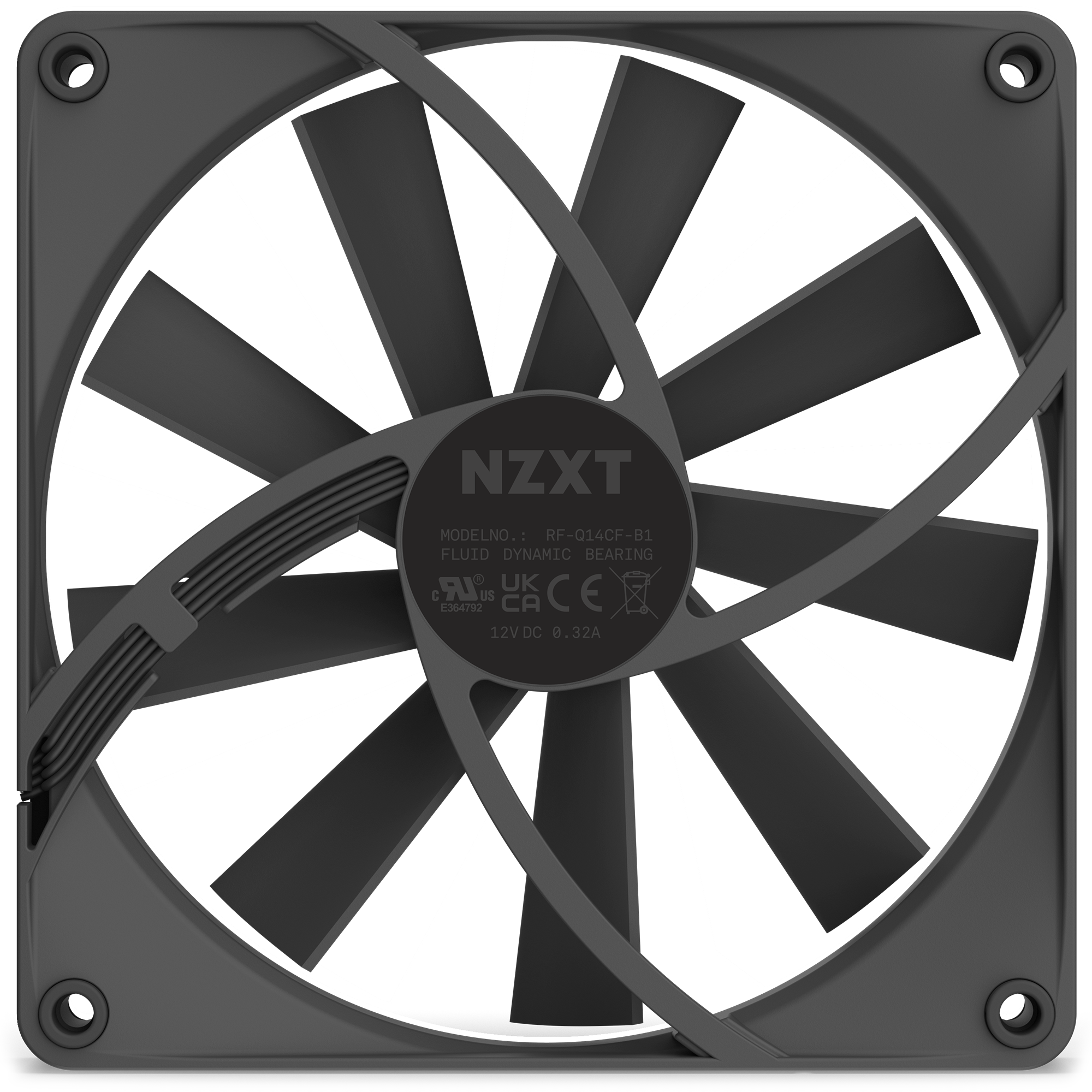 The NZXT F140Q (2022) is a black computer cooling fan with an airflow-focused design, multiple blades, and a circular center label. It features Fluid Dynamic Bearing for reliable, quiet performance.