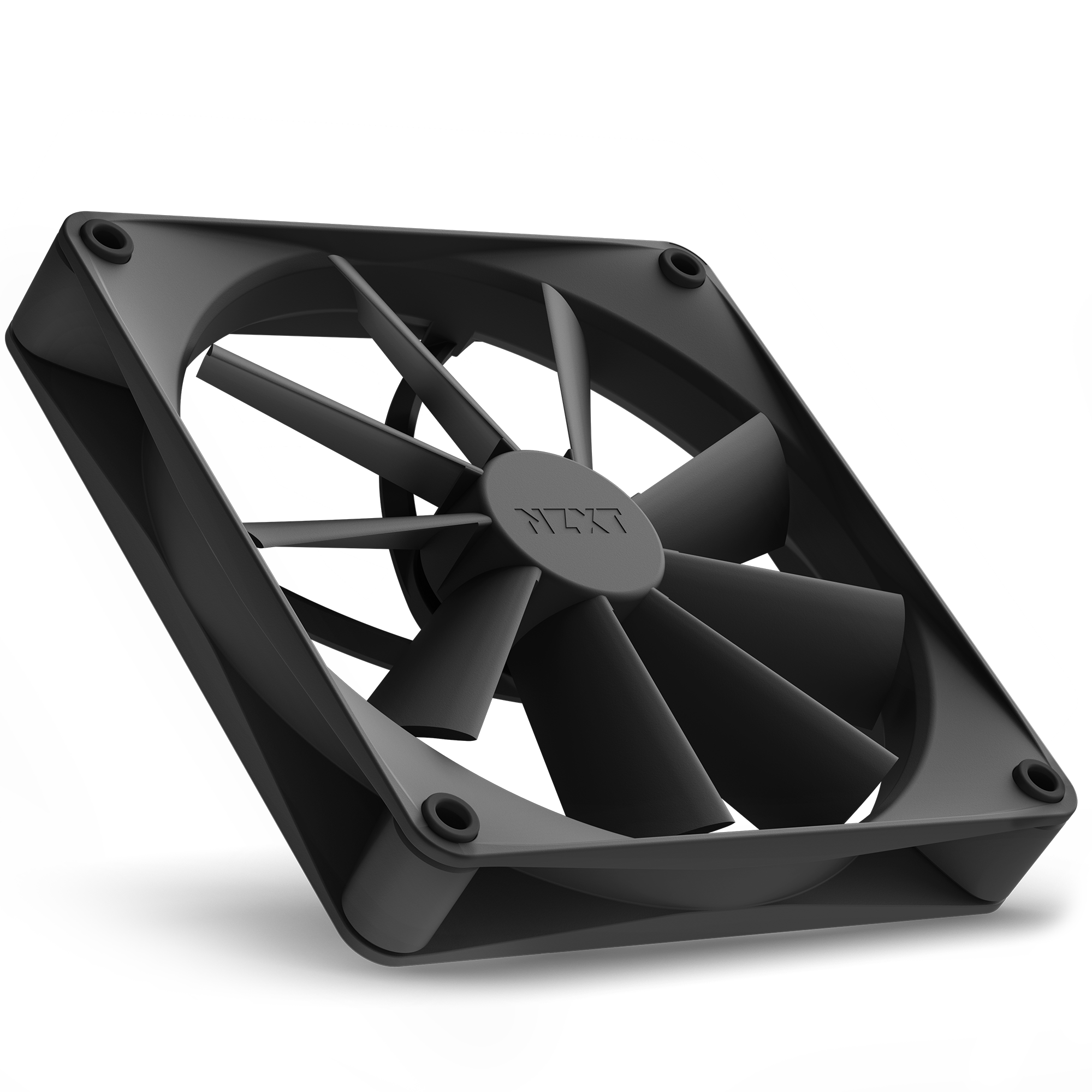 The NZXT F140Q (2022) is a black cooling fan featuring an airflow-focused design, nine blades, and the NZXT logo on the center hub, shown from an angled perspective.