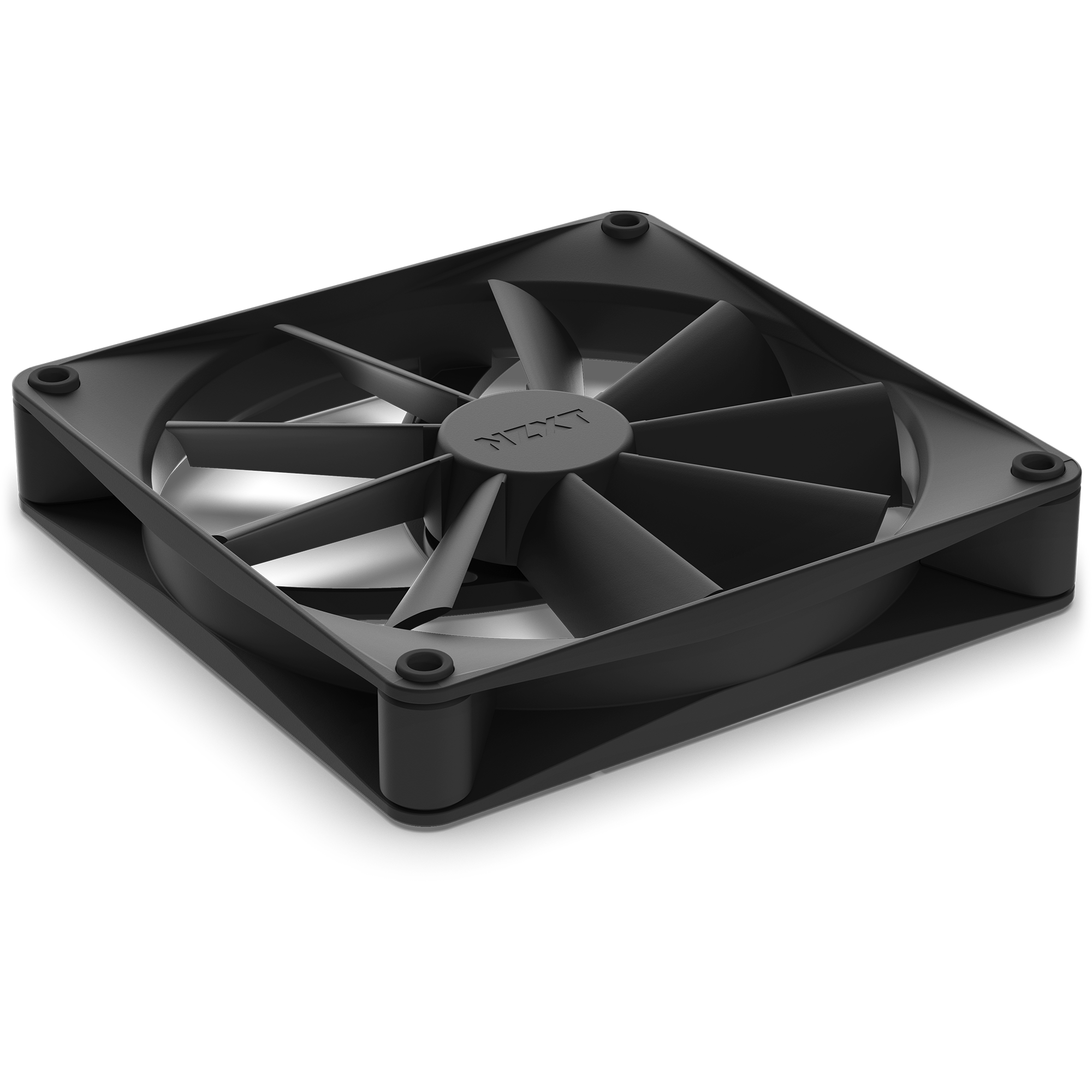 The NZXT F140Q (2022) is a black computer cooling fan with eight airflow-optimized blades, seen from an angle. Its square frame features rounded corners and mounting holes at each corner, with the NZXT logo on the center hub.