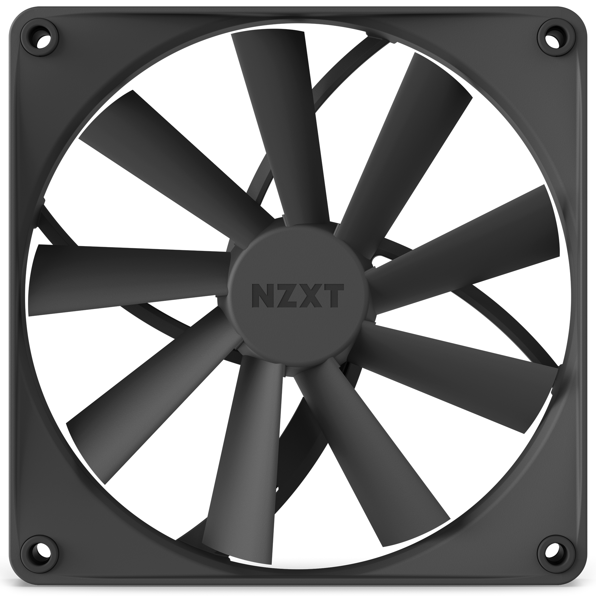 The NZXT F140Q (2022) is a black cooling fan with nine blades, an airflow-focused design, and a square frame for efficient performance, featuring the NZXT logo at the center.