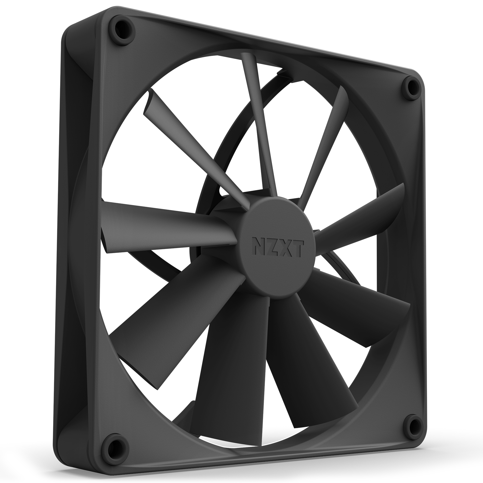 The NZXT F140Q (2022) is a black computer cooling fan with an airflow-focused design, shown at an angle to highlight its square frame and central hub bearing the NZXT logo.