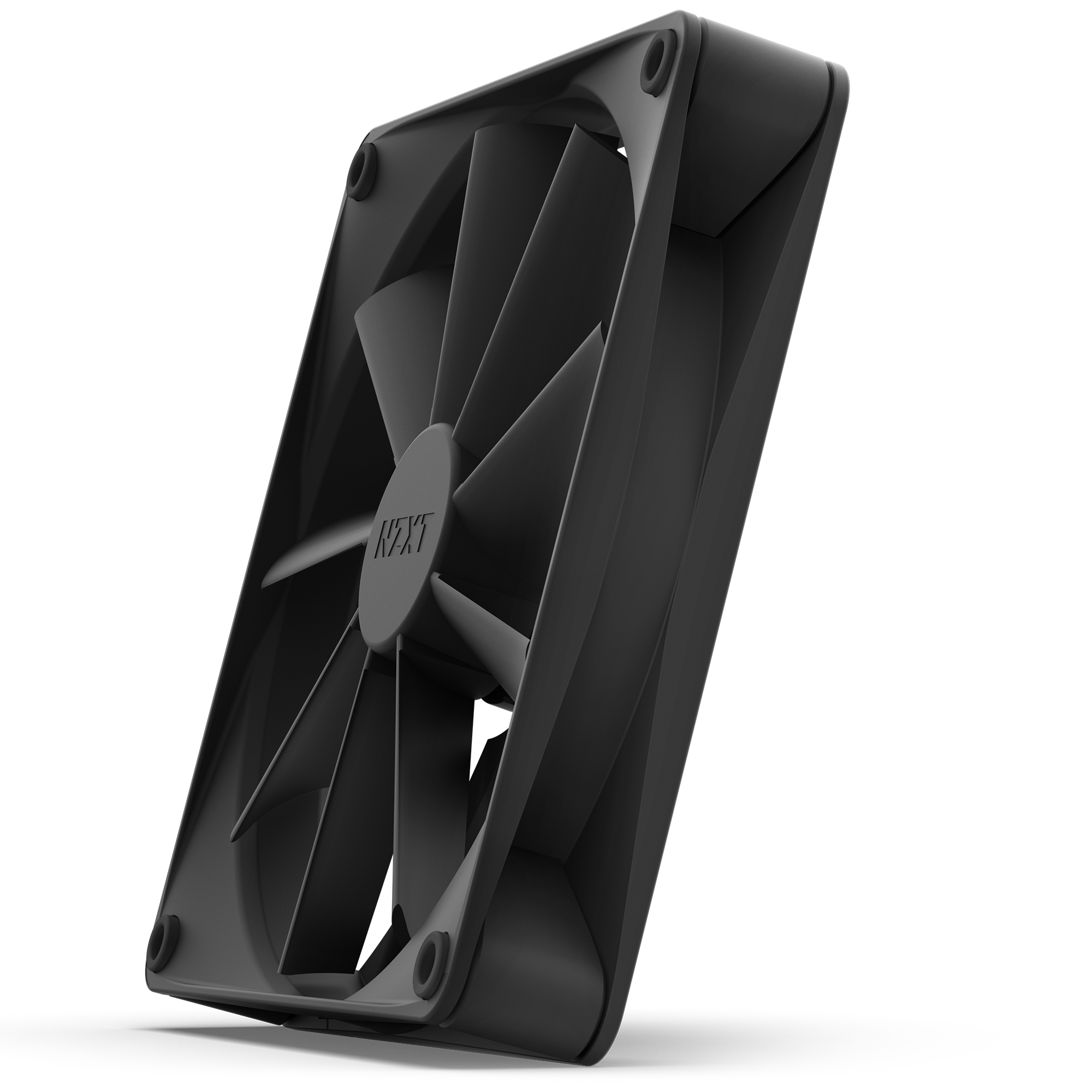 The NZXT F140Q (2022), a black, rectangular cooling fan with seven blades and NZXT embossed at the center, is shown at an angle against a white background.