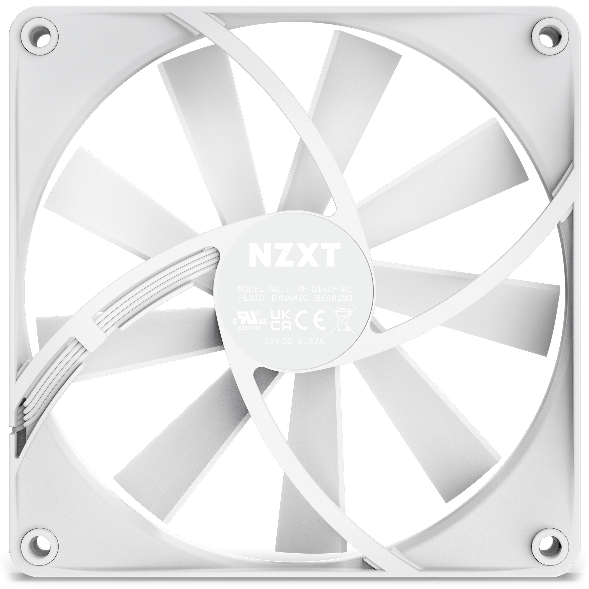 The NZXT F140Q (2022) is a white computer cooling fan with multiple blades, shown front-on. It features an airflow-focused design, with the NZXT logo and technical info displayed on the central hub.