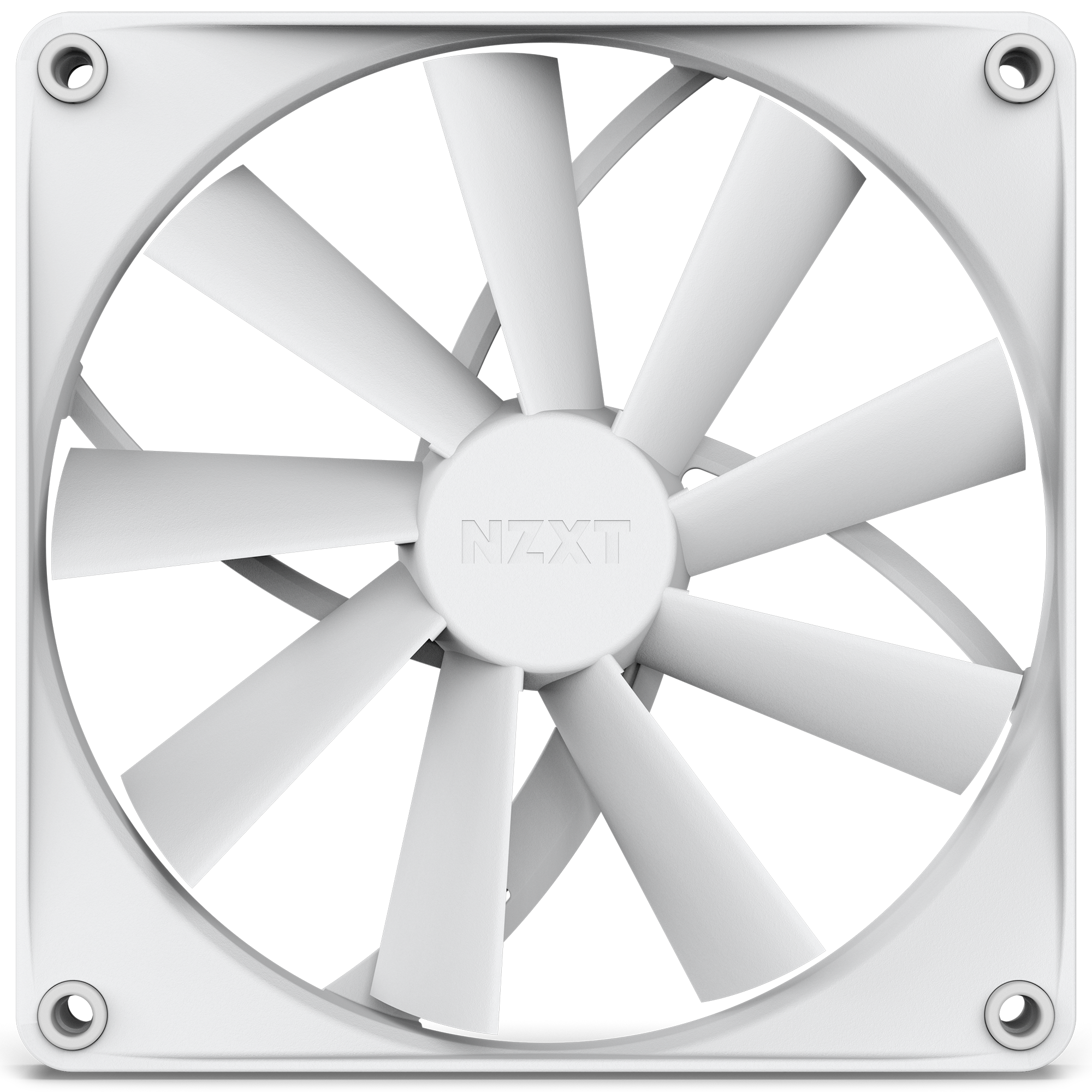 The NZXT F140Q (2022) is a white computer cooling fan with nine blades and a square frame, designed for airflow. The front view shows the NZXT logo embossed at the center, with no dust or visible damage.