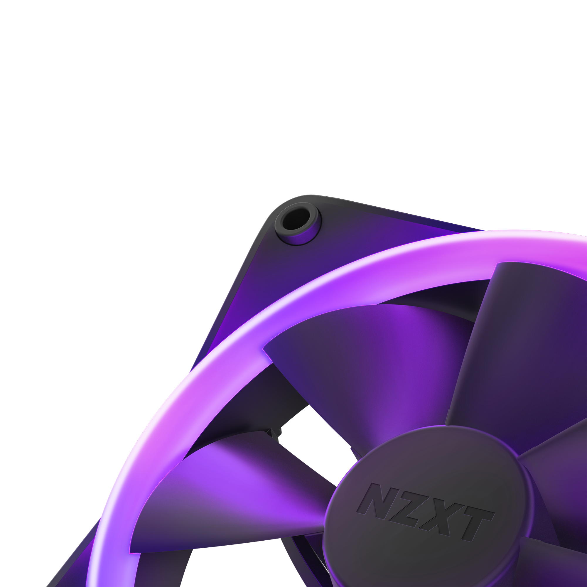 Close-up of a black NZXT F120 RGB Triple Pack computer cooling fan, featuring purple LED edge lighting, the NZXT logo, and Fluid Dynamic Bearing for quieter, longer-lasting performance.