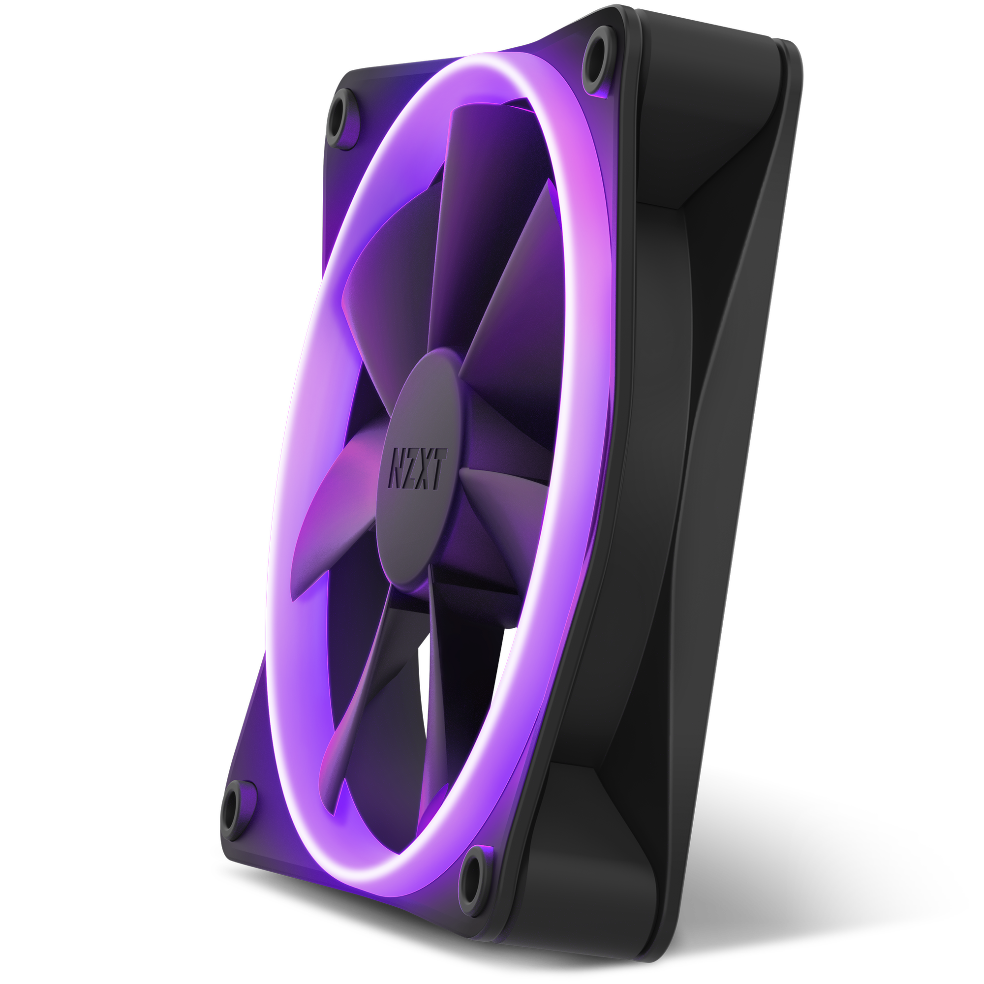 The NZXT F120 RGB is a black computer cooling fan with a purple LED ring around its blades, shown at an angle. Its center displays the NZXT logo and it supports NZXT CAM for easy customization like other RGB fans.