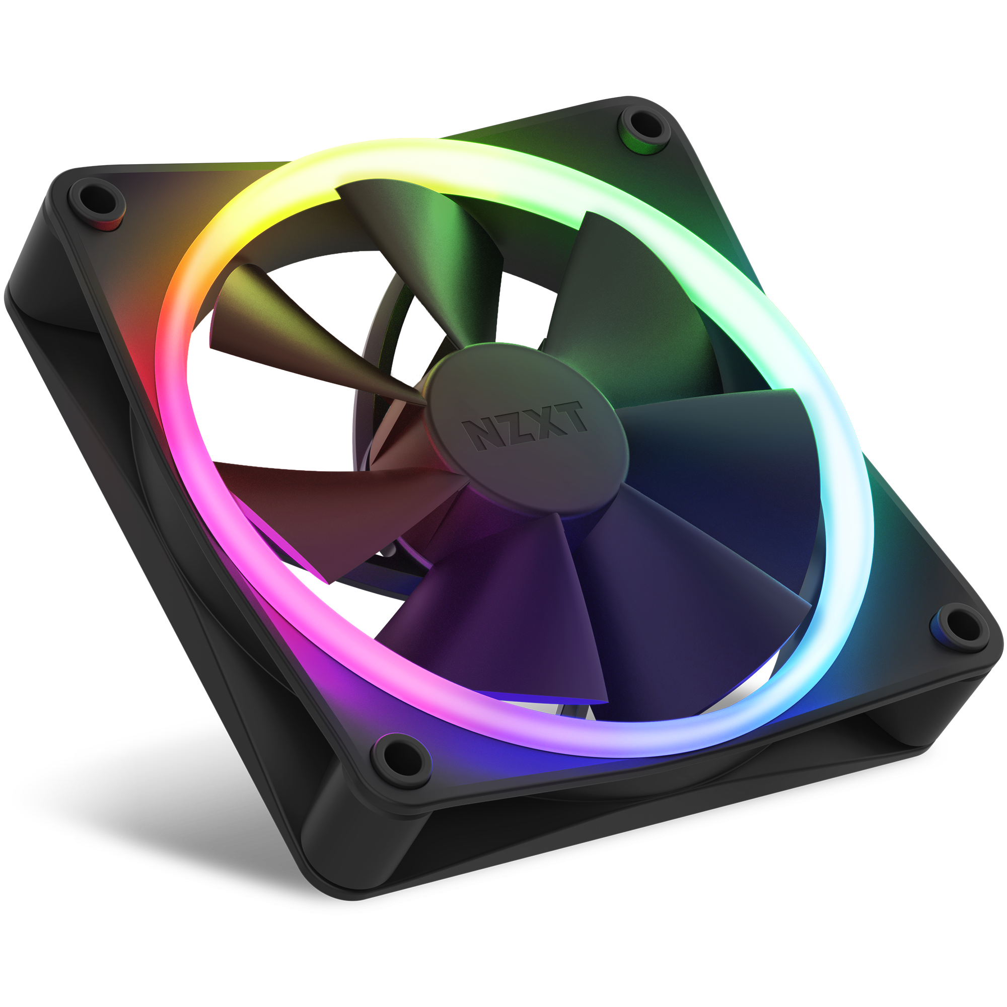 The NZXT F120 RGB Triple Pack features black computer cooling fans with a vibrant RGB LED ring in rainbow colors around the frame and fluid dynamic bearings for quieter performance.
