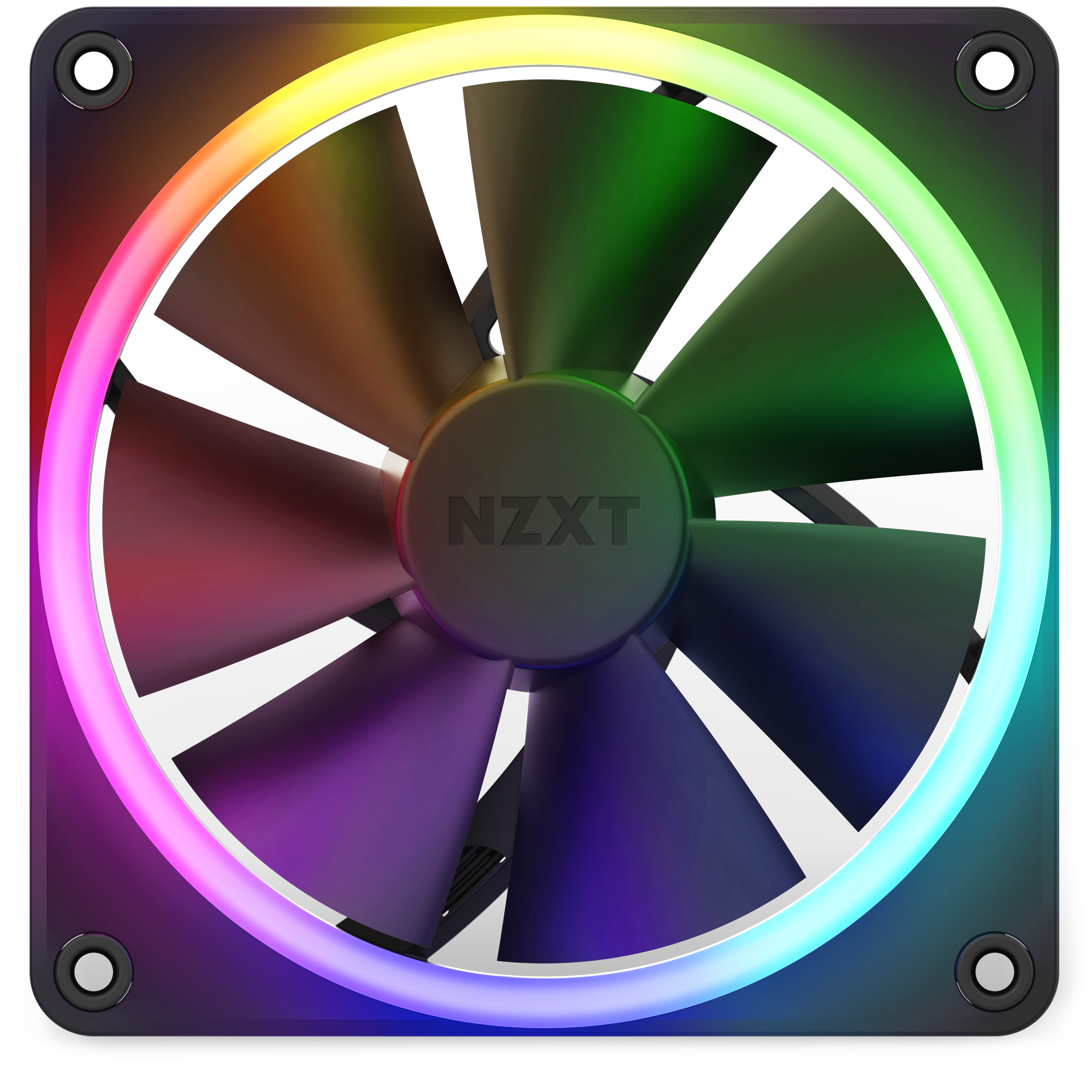 The NZXT F120 RGB is a computer case fan with Fluid Dynamic Bearing, black blades, a central NZXT logo, and circular RGB lighting customizable via NZXT CAM to display a spectrum of colors around the edge.