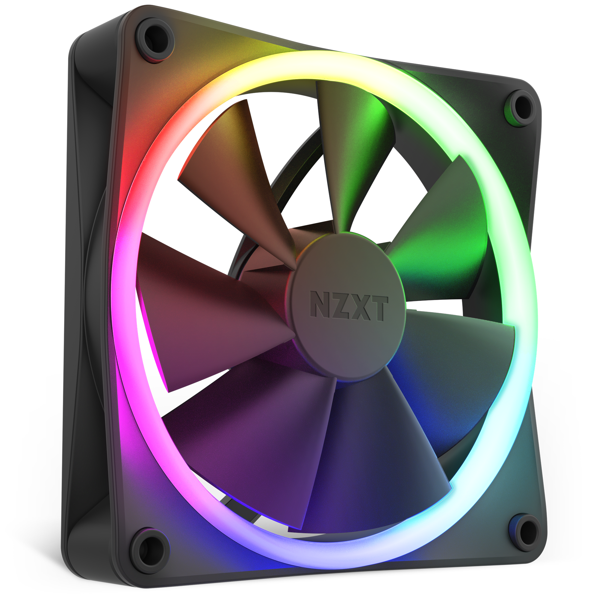 The NZXT F120 RGB is a black computer cooling fan with five blades and a multicolor circular RGB LED, featuring fluid dynamic bearing technology, shown on a transparent background.