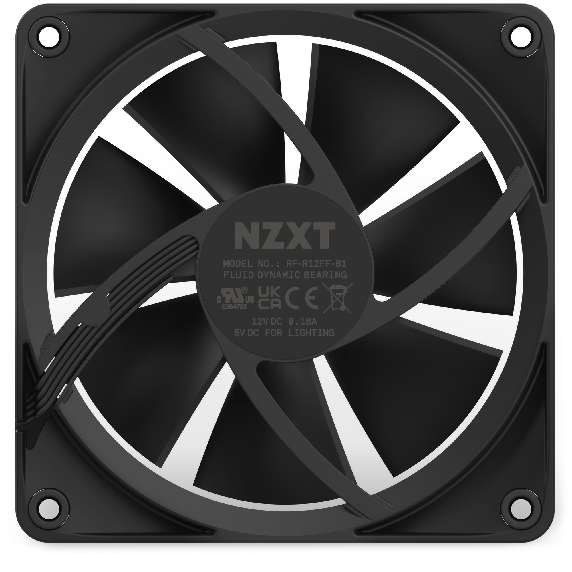 A front view of the NZXT F120 RGB black computer cooling fan shows multiple blades and the brand name on the center hub, with power cables visible on the left side.