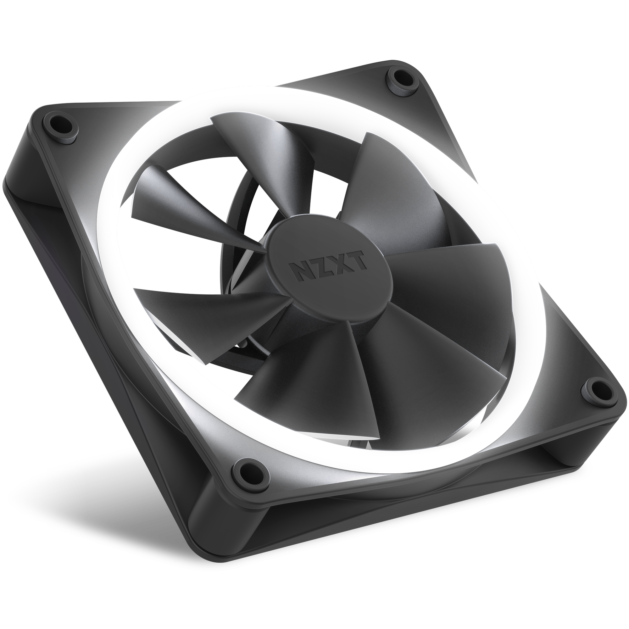 The NZXT F120 RGB is a black computer cooling fan with a ring of white LED lighting along the edge, shown at an angle against a dark background. It uses a Fluid Dynamic Bearing for improved performance and longevity.
