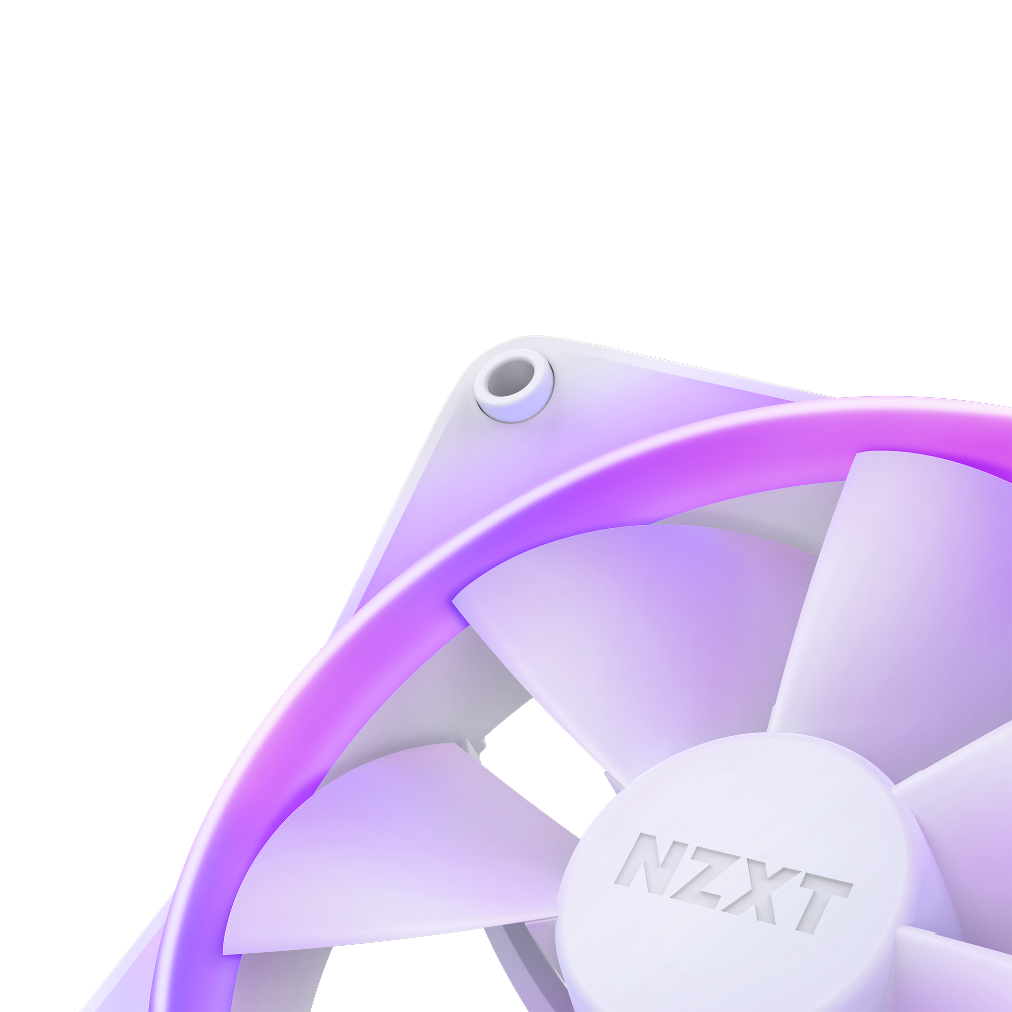 A close-up of an NZXT F120 RGB Triple Pack fan with purple LEDs and Fluid Dynamic Bearing tech, highlighting the fan blade, frame, and mounting corner against a white and dark blue gradient background.