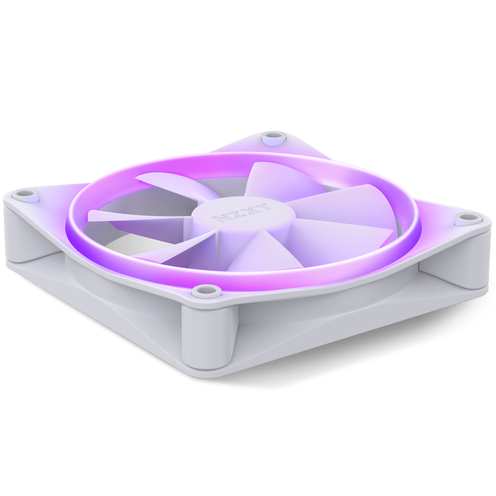 The NZXT F120 RGB is a white computer cooling fan with bright purple LED edge lighting and Fluid Dynamic Bearing technology, shown angled on a white background.