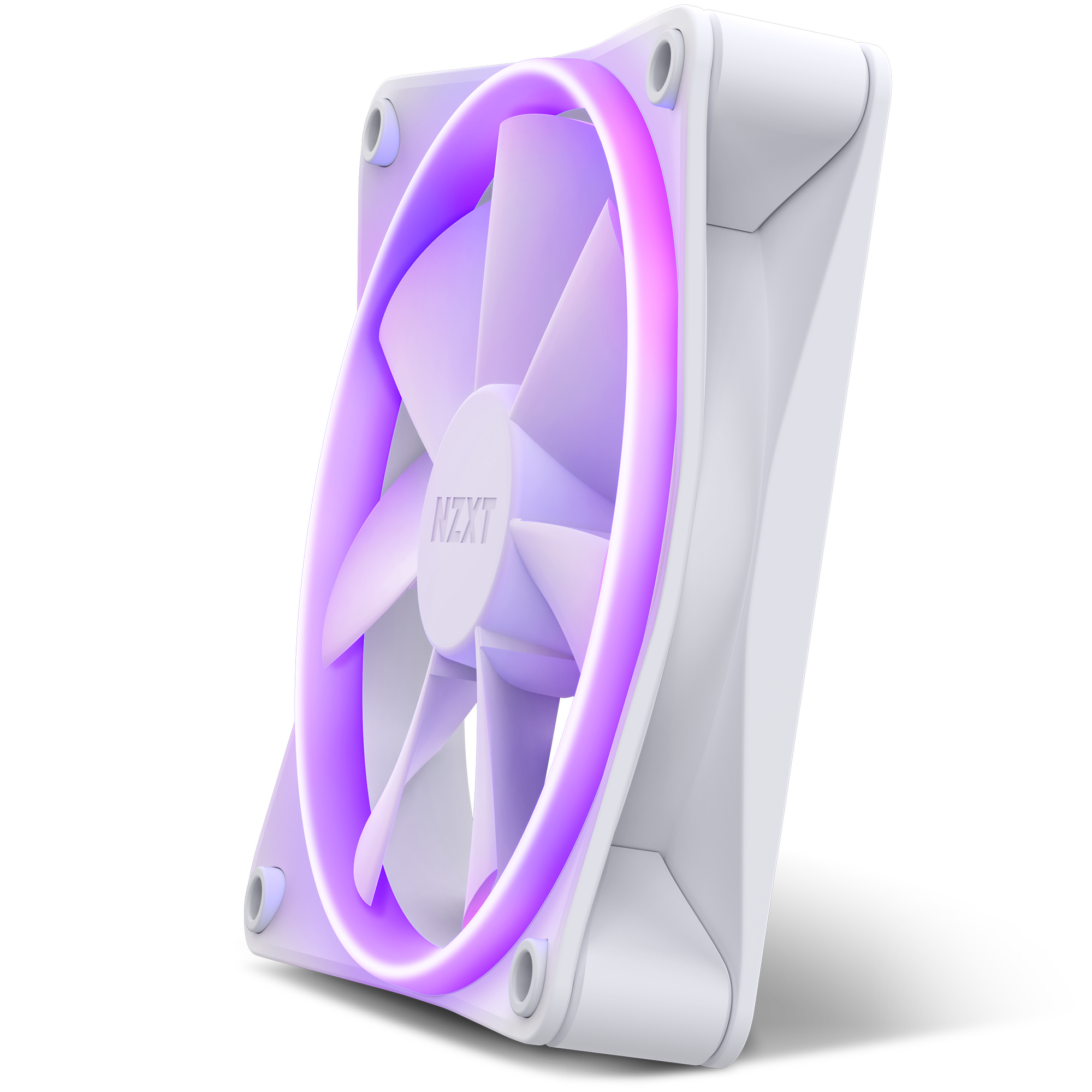 The NZXT F120 RGB is a white computer cooling fan with purple LED lighting around the rim, viewed at an angle. It features a modern design and uses Fluid Dynamic Bearing technology for quieter operation.