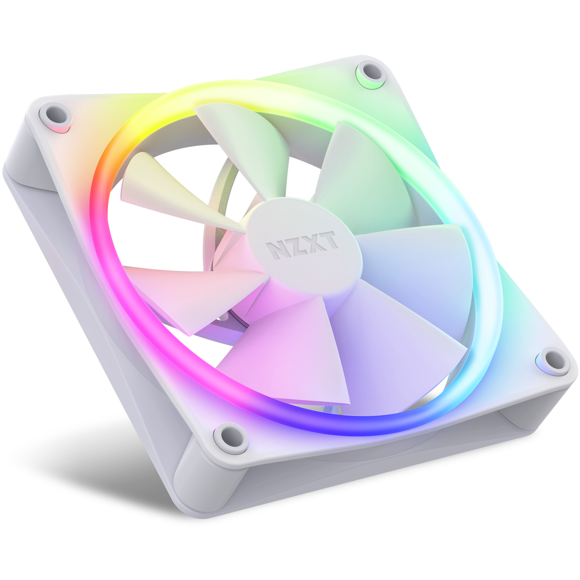 The NZXT F120 RGB Triple Pack features white RGB fans with fluid dynamic bearings and vibrant RGB LED lighting around the outer ring, glowing in pink, yellow, green, and blue on a transparent background.