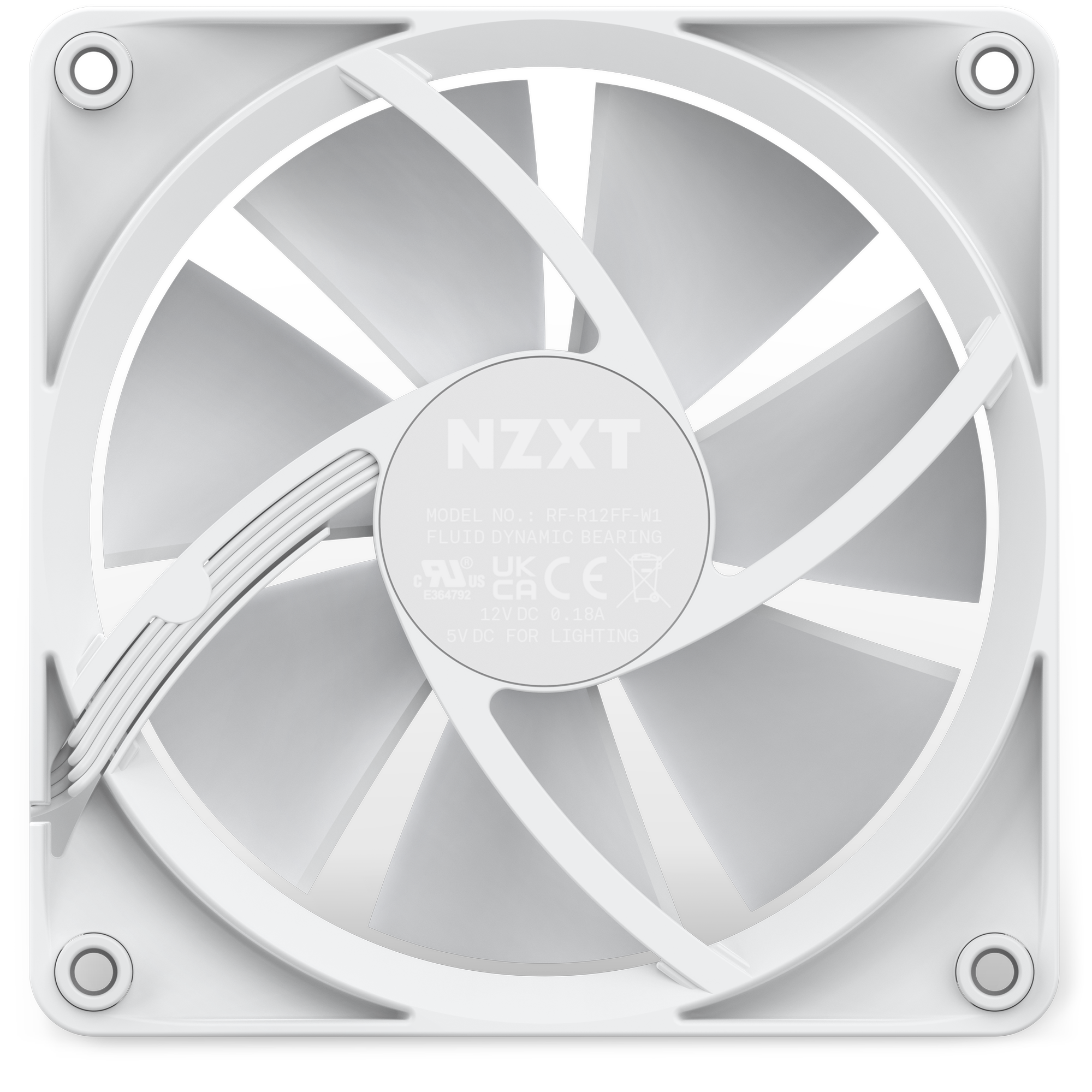 A close-up view of the NZXT F120 RGB computer cooling fan, highlighting its Fluid Dynamic Bearing technology, white fan blades, sturdy frame, and attached cable at the center hub.